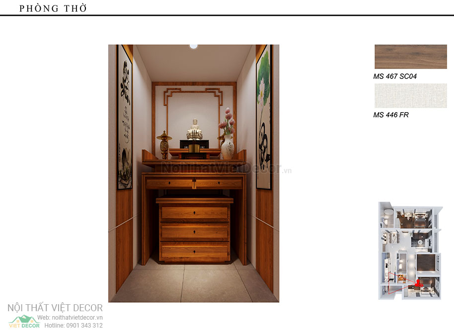 Nội thất Việt Decor thiết kế thi công nội thất nguyên căn, căn hộ 3 phòng ngủ Tân Phú Hồ Chí Minh hồ sơ thiết kế phối cảnh 3D phòng thờ