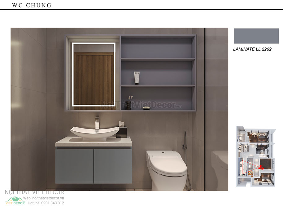 Nội thất Việt Decor thiết kế thi công nội thất nguyên căn, căn hộ 3 phòng ngủ Tân Phú Hồ Chí Minh hồ sơ thiết kế phối cảnh 3D nhà vệ sinh chung