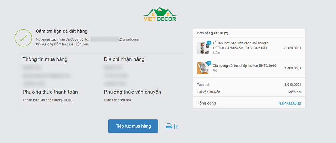 Nội thất Việt Decor hướng dẫn đặt hàng trên website đặt hàng thành công