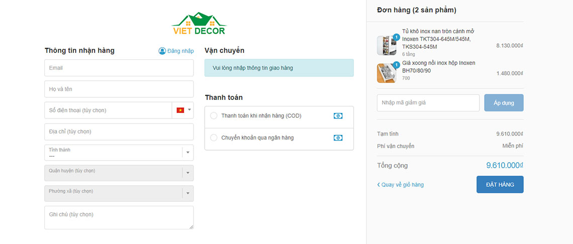 Nội thất Việt Decor hướng dẫn đặt hàng trên website điền thông tin giao hàng, thanh toán, mã khuyến mãi