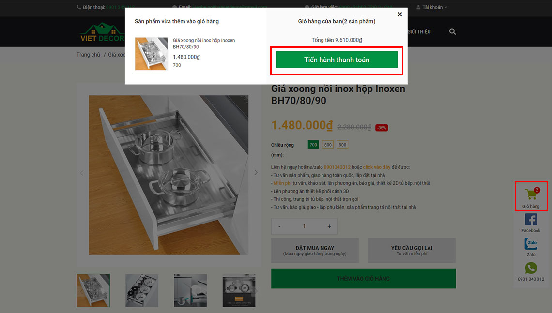 Nội thất Việt Decor hướng dẫn đặt hàng trên website thêm vào giỏ hàng, thanh toán