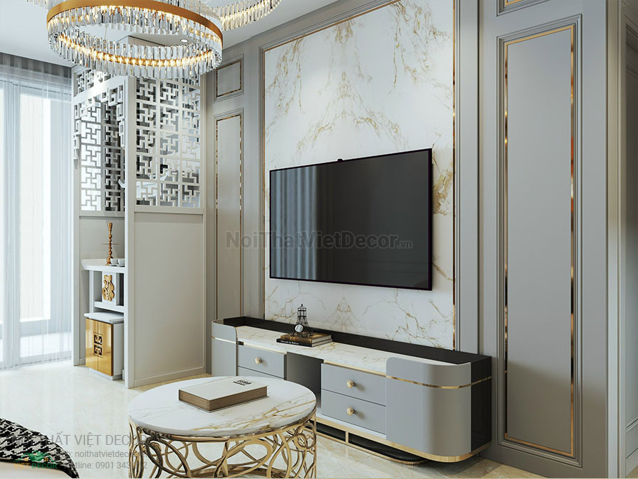 Nội thất Việt Decor mẫu thiết kế nội thất tân cổ điển phòng khách bếp căn hộ kệ ti vi