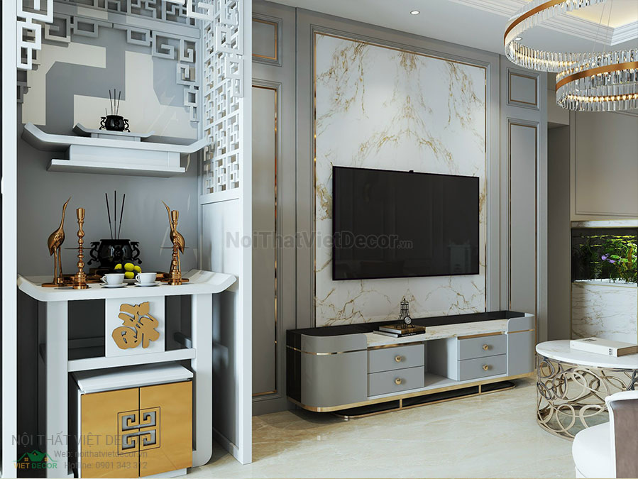 Nội thất Việt Decor mẫu thiết kế nội thất tân cổ điển phòng khách bếp căn hộ kệ ti vi tủ thờ