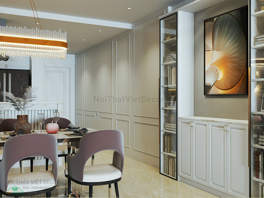 Nội thất Việt Decor mẫu thiết kế nội thất tân cổ điển phòng khách bếp căn hộ kệ sách, tủ giày