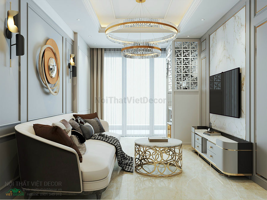 Nội thất Việt Decor mẫu thiết kế nội thất tân cổ điển phòng khách bếp căn hộ phòng khách, sofa, bàn trà, kệ tivi