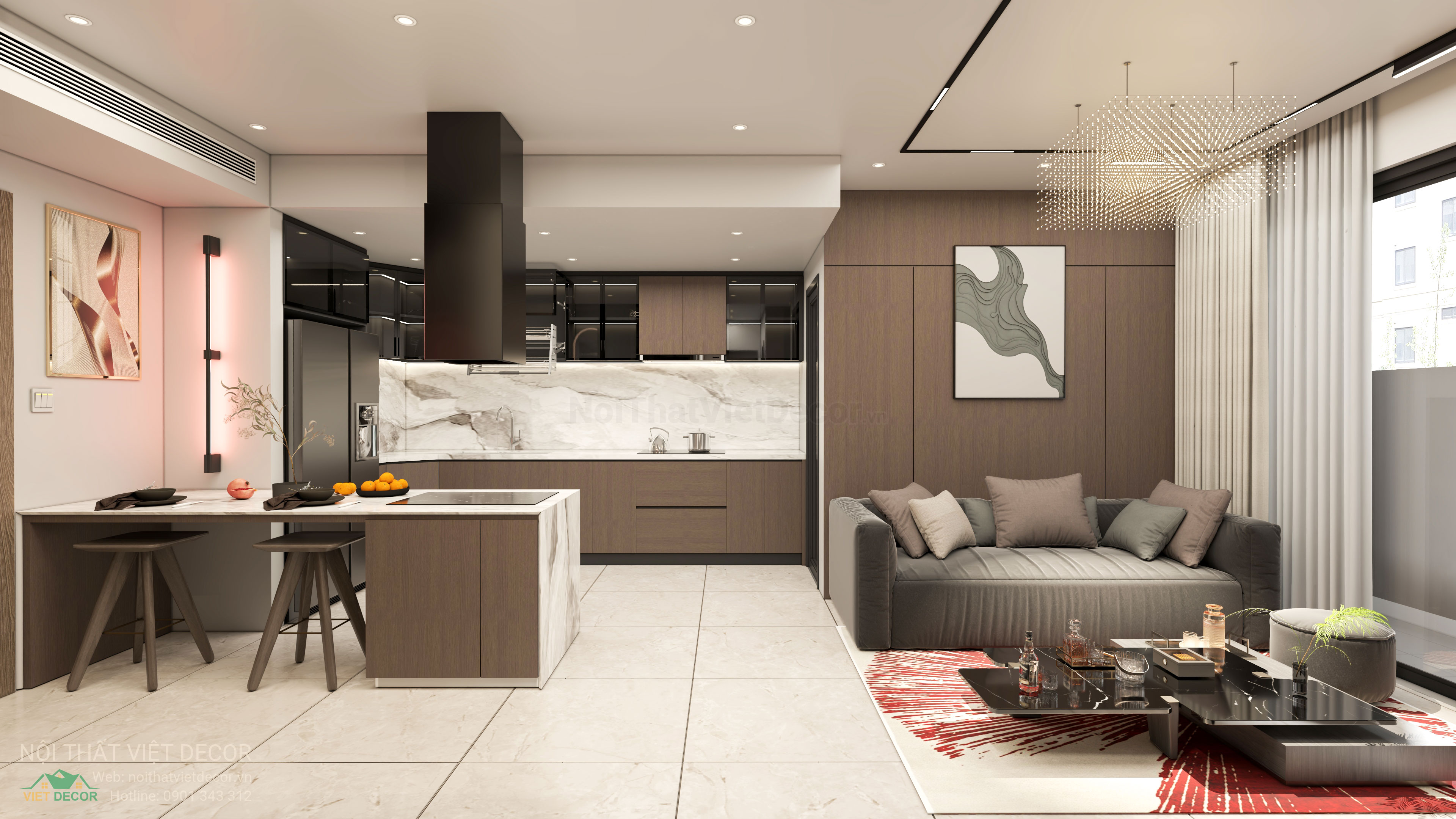 Nội Thất Việt Decor thiết kế thi công nội thất hiện đại sang trọng căn hộ 2 phòng ngủ chung cư Celesta Rise Nhà Bè TP HCM phòng khách bếp