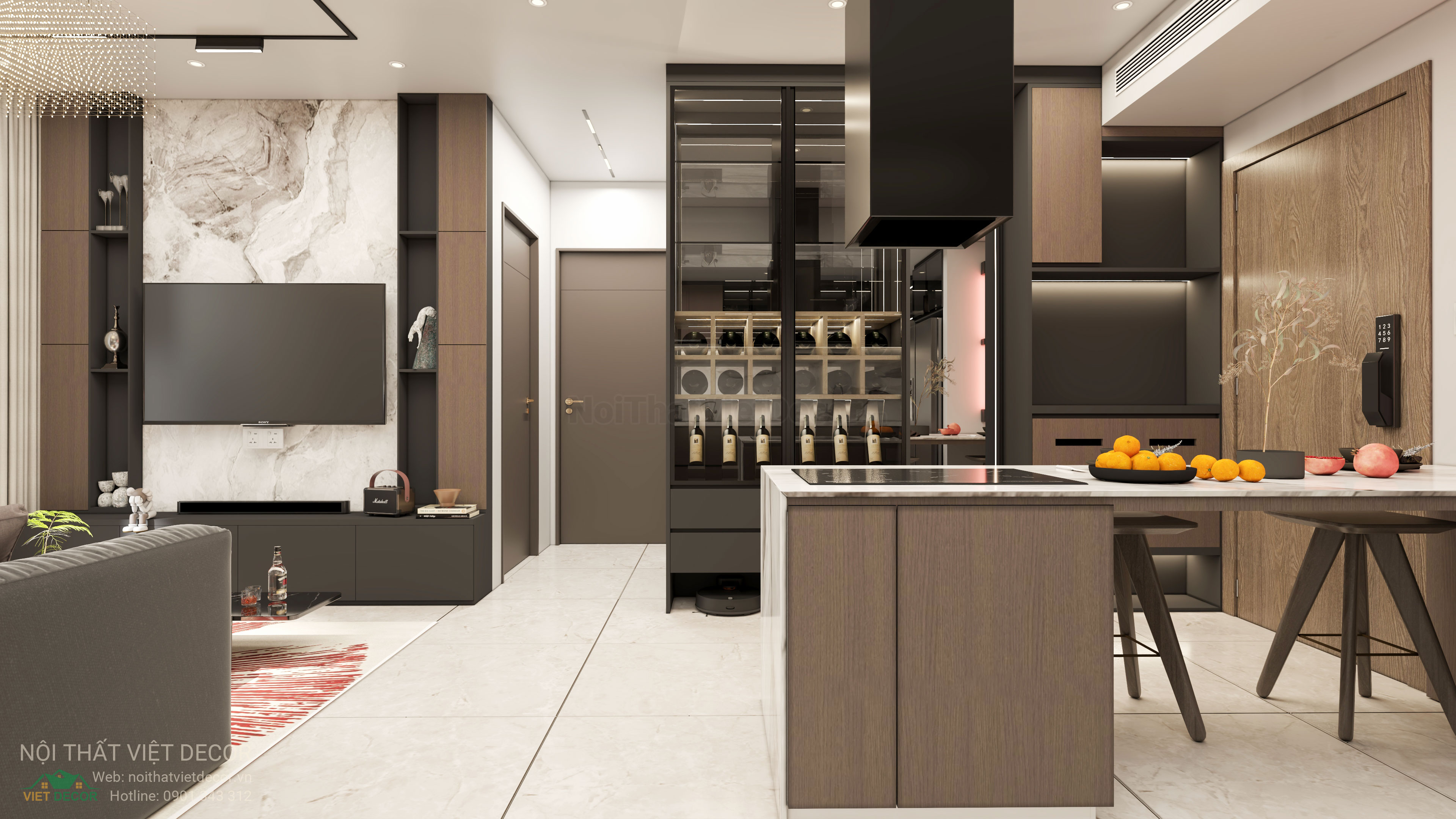 Nội Thất Việt Decor thiết kế thi công nội thất hiện đại sang trọng căn hộ 2 phòng ngủ chung cư Celesta Rise Nhà Bè TP HCM phòng khách bếp