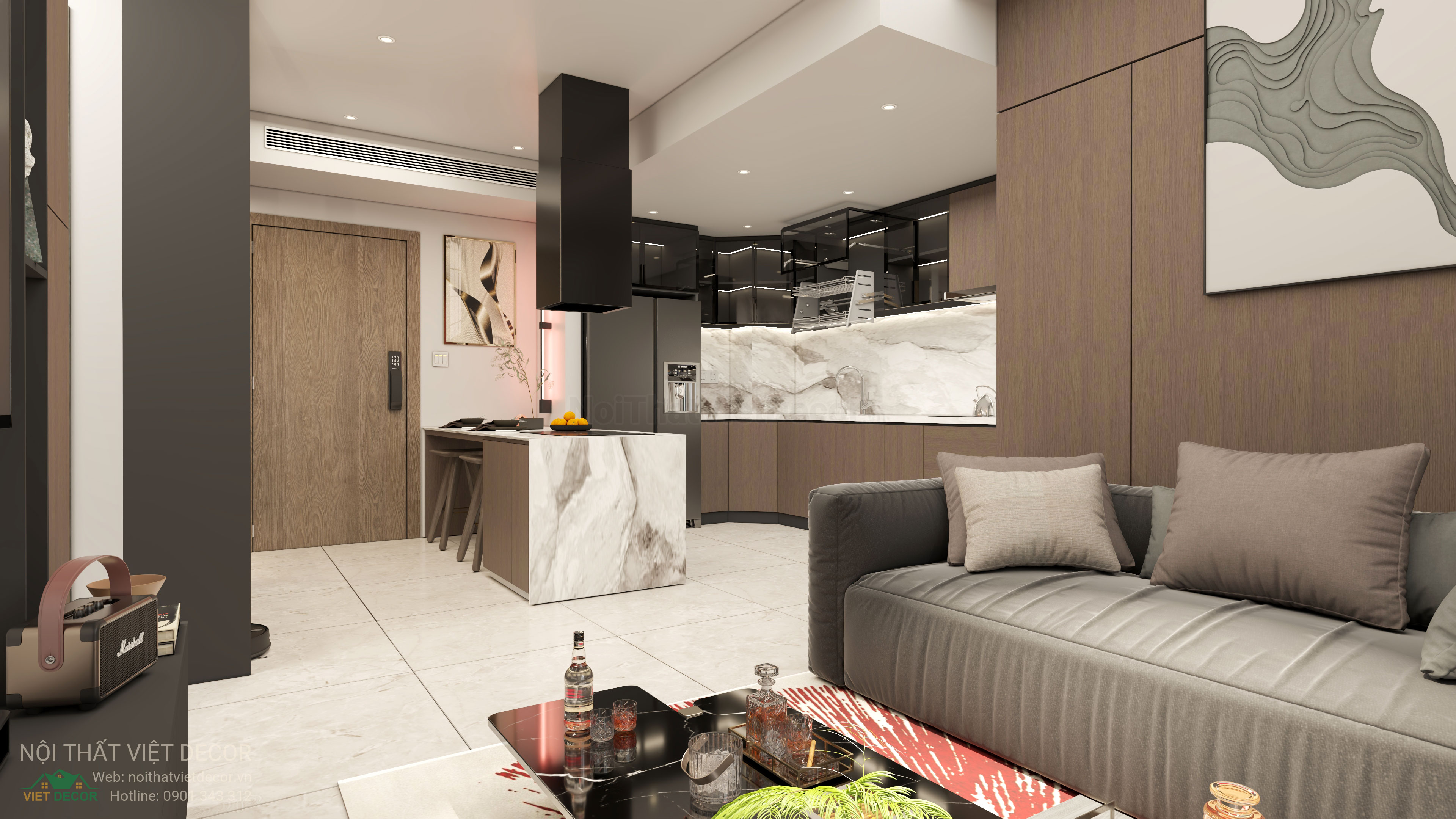 Nội Thất Việt Decor thiết kế thi công nội thất hiện đại sang trọng căn hộ 2 phòng ngủ chung cư Celesta Rise Nhà Bè TP HCM phòng khách bếp