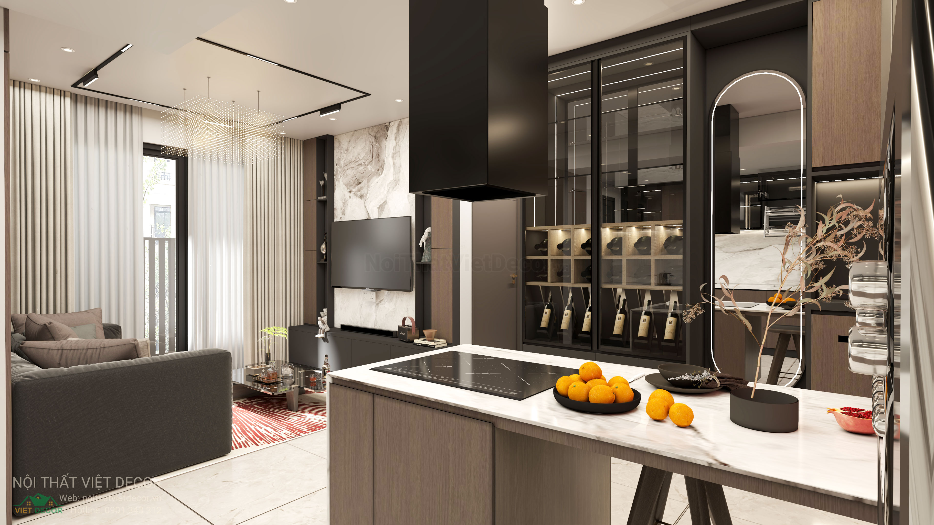 Nội Thất Việt Decor thiết kế thi công nội thất hiện đại sang trọng căn hộ 2 phòng ngủ chung cư Celesta Rise Nhà Bè TP HCM phòng khách bếp