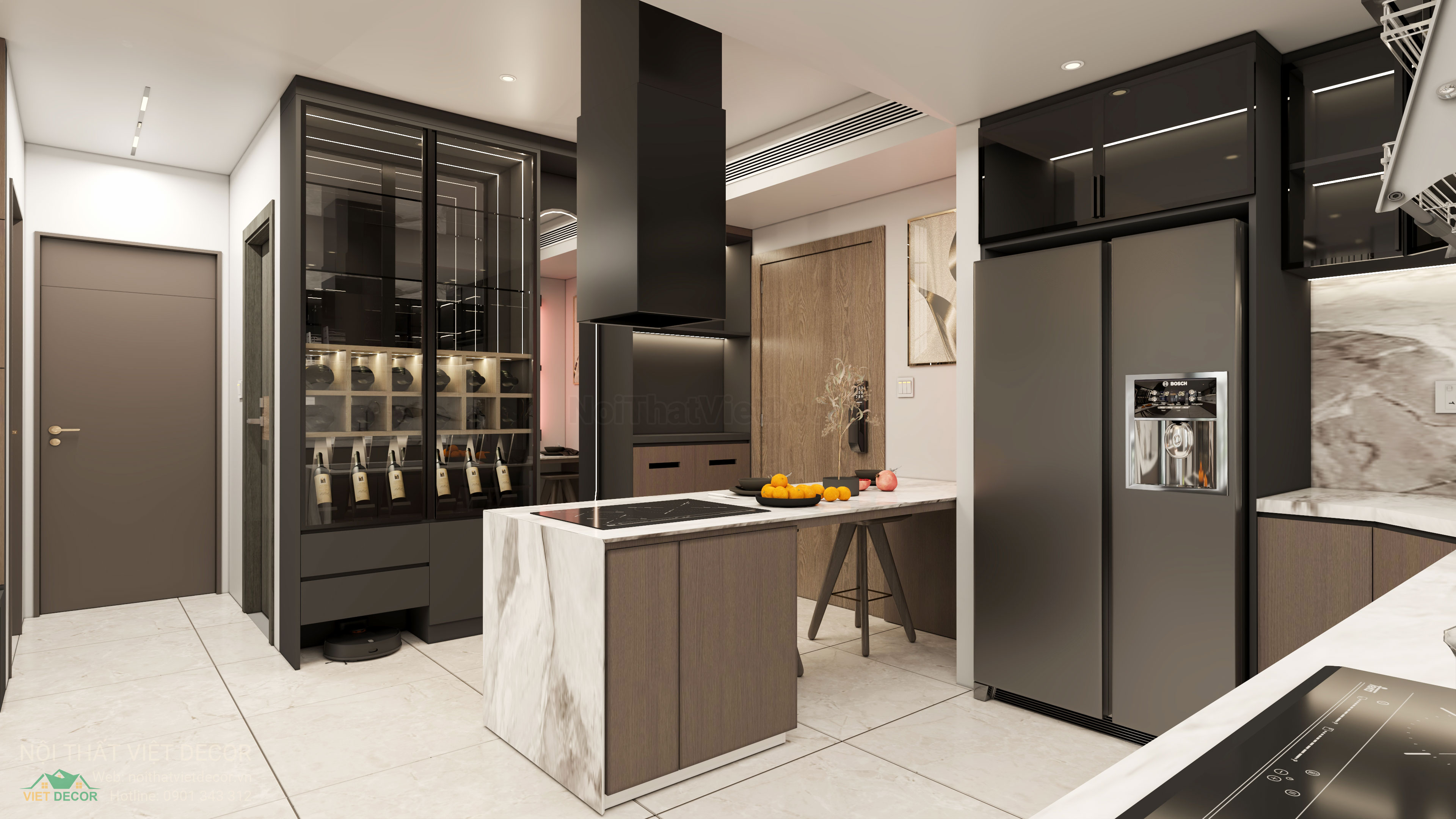 Nội Thất Việt Decor thiết kế thi công nội thất hiện đại sang trọng căn hộ 2 phòng ngủ chung cư Celesta Rise Nhà Bè TP HCM phòng khách bếp