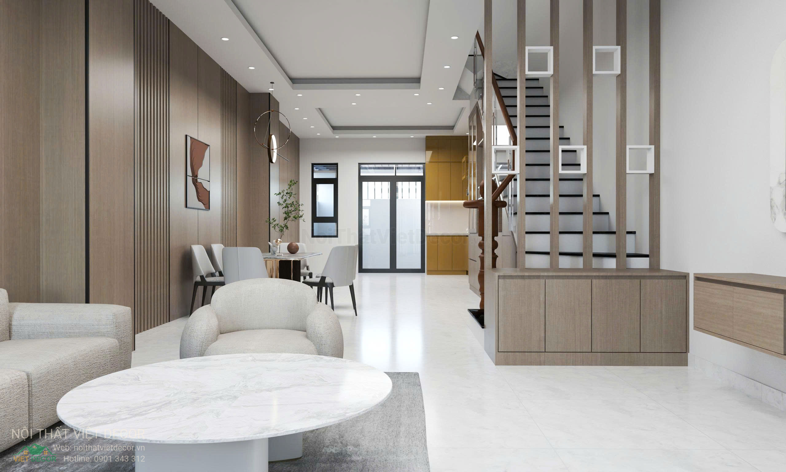 Nội Thất Việt Decor thiết kế nội thất hiện đại nhà phố khu đô thị Lavilla Green City Long An Tây Ninh phòng khách bếp