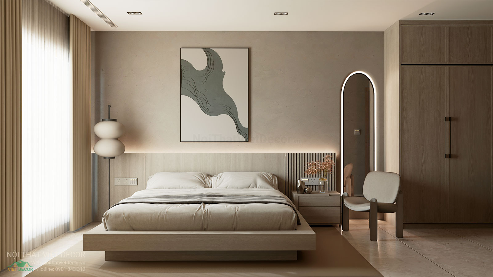 Nội Thất Việt Decor thiết kế nội thất wabi sabi căn hộ 2 phòng ngủ chung cư Lavida Plus quận 7 TP HCM, phòng ngủ lớn