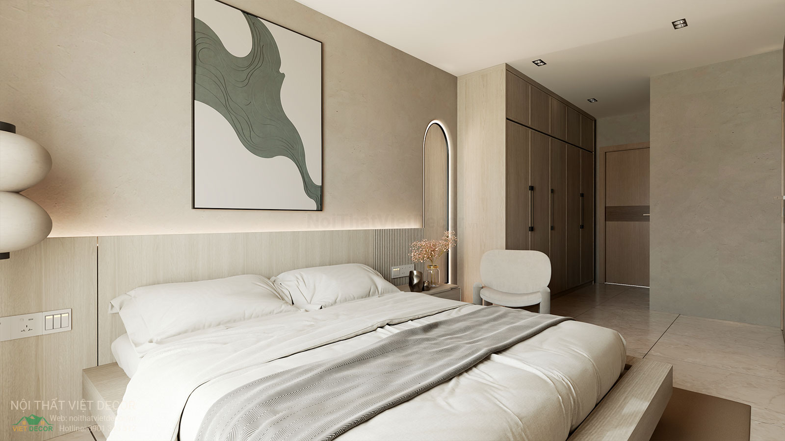 Nội Thất Việt Decor thiết kế nội thất wabi sabi căn hộ 2 phòng ngủ chung cư Lavida Plus quận 7 TP HCM, phòng ngủ lớn