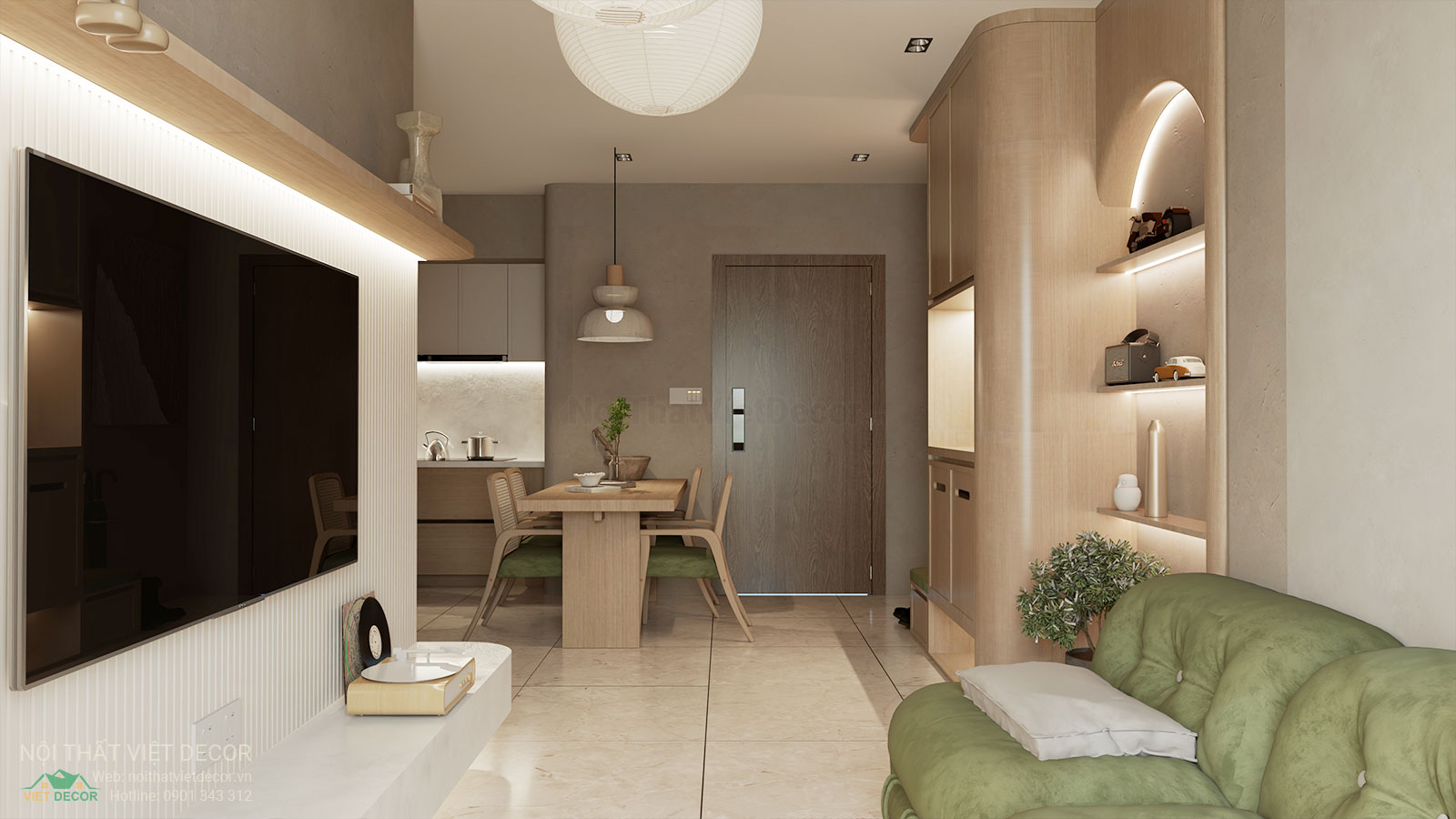 Nội Thất Việt Decor thiết kế nội thất wabi sabi căn hộ 2 phòng ngủ chung cư Lavida Plus quận 7 TP HCM, phòng khách bếp