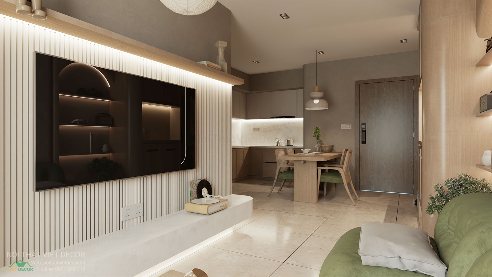 Nội Thất Việt Decor thiết kế nội thất wabi sabi căn hộ 2 phòng ngủ chung cư Lavida Plus quận 7 TP HCM, phòng khách bếp