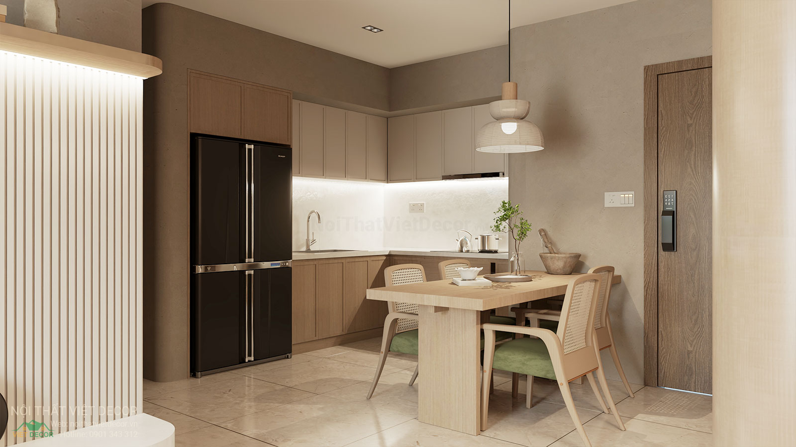 Nội Thất Việt Decor thiết kế nội thất wabi sabi căn hộ 2 phòng ngủ chung cư Lavida Plus quận 7 TP HCM, phòng khách bếp