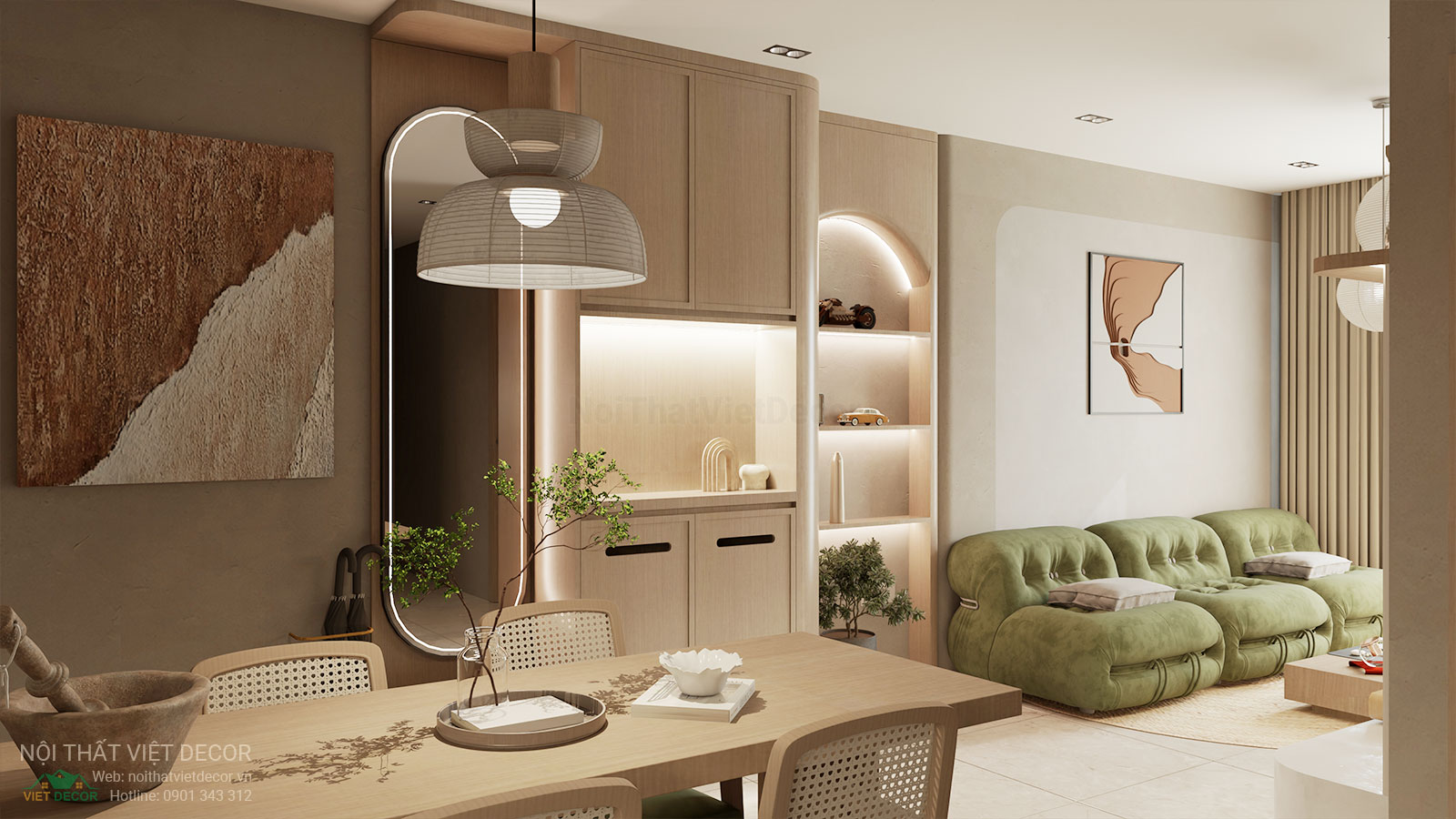 Nội Thất Việt Decor thiết kế nội thất wabi sabi căn hộ 2 phòng ngủ chung cư Lavida Plus quận 7 TP HCM, phòng khách bếp