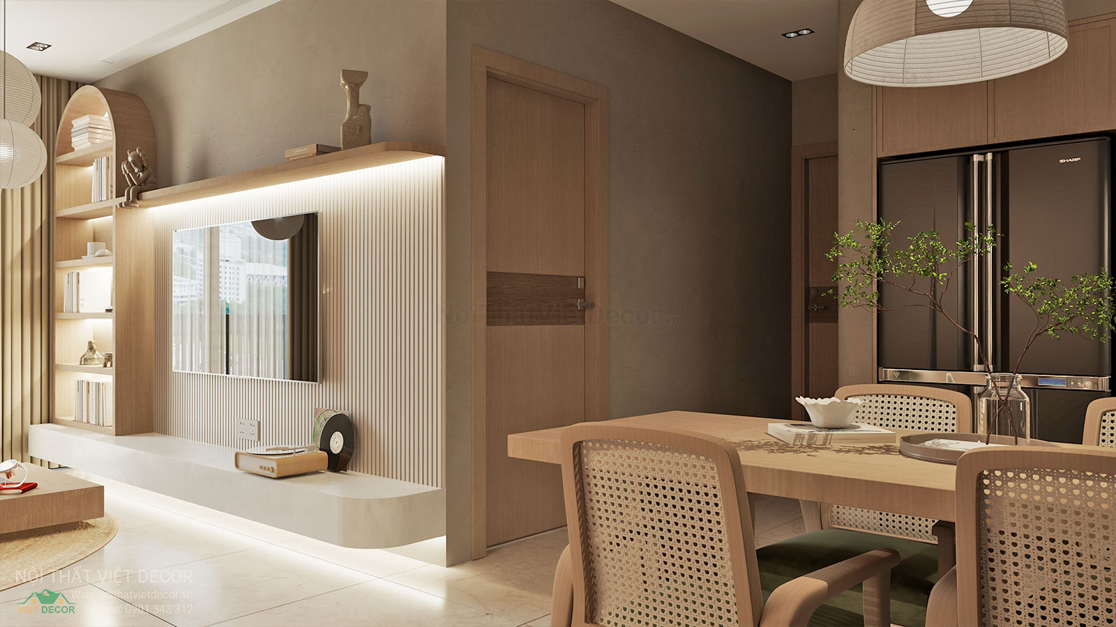 Nội Thất Việt Decor thiết kế nội thất wabi sabi căn hộ 2 phòng ngủ chung cư Lavida Plus quận 7 TP HCM, phòng khách bếp