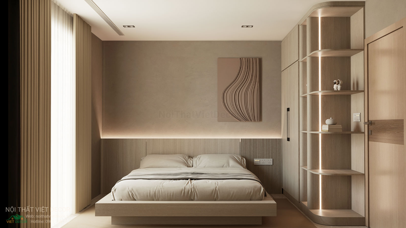Nội Thất Việt Decor thiết kế nội thất wabi sabi căn hộ 2 phòng ngủ chung cư Lavida Plus quận 7 TP HCM, phòng ngủ nhỏ