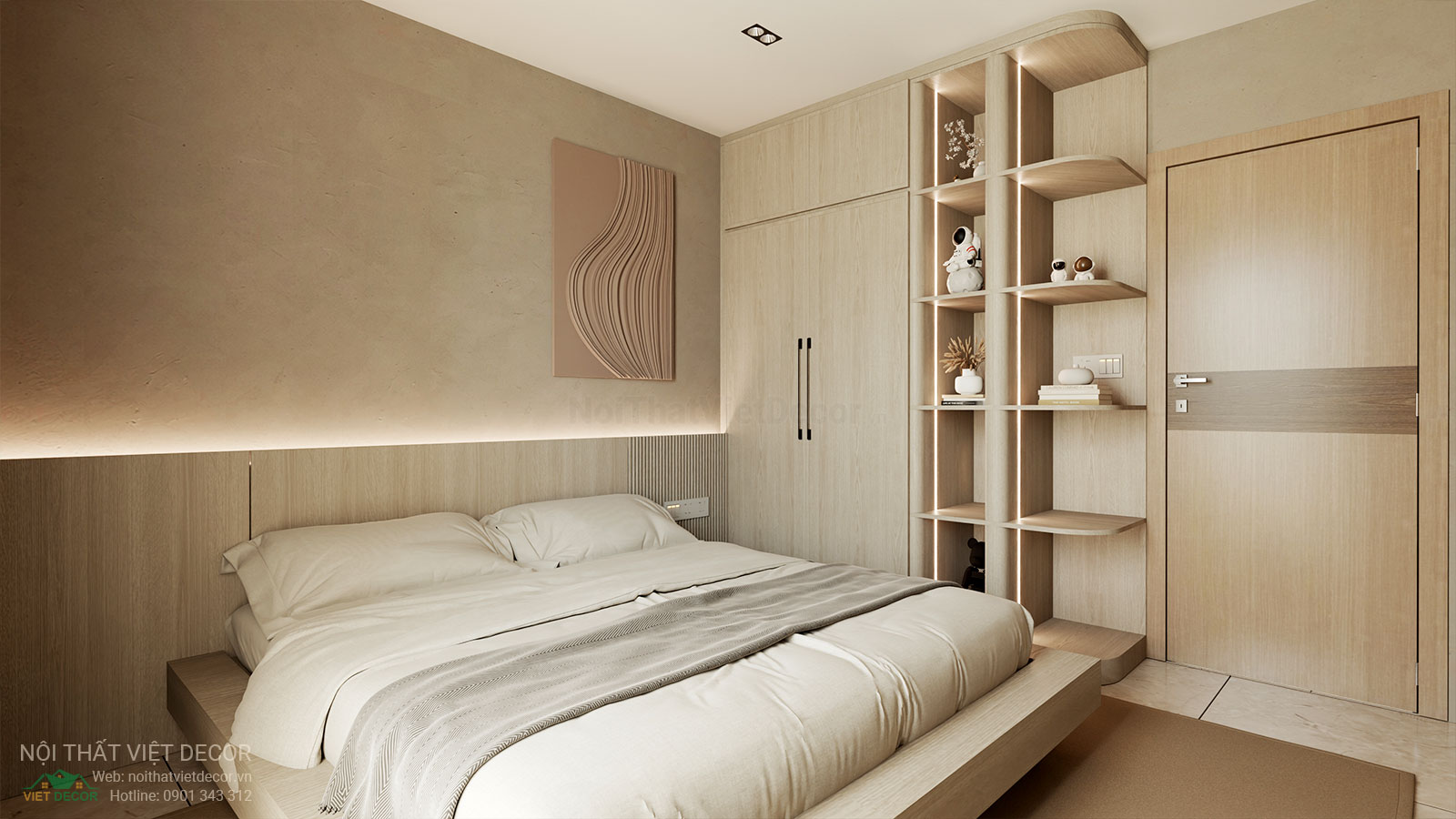 Nội Thất Việt Decor thiết kế nội thất wabi sabi căn hộ 2 phòng ngủ chung cư Lavida Plus quận 7 TP HCM, phòng ngủ nhỏ