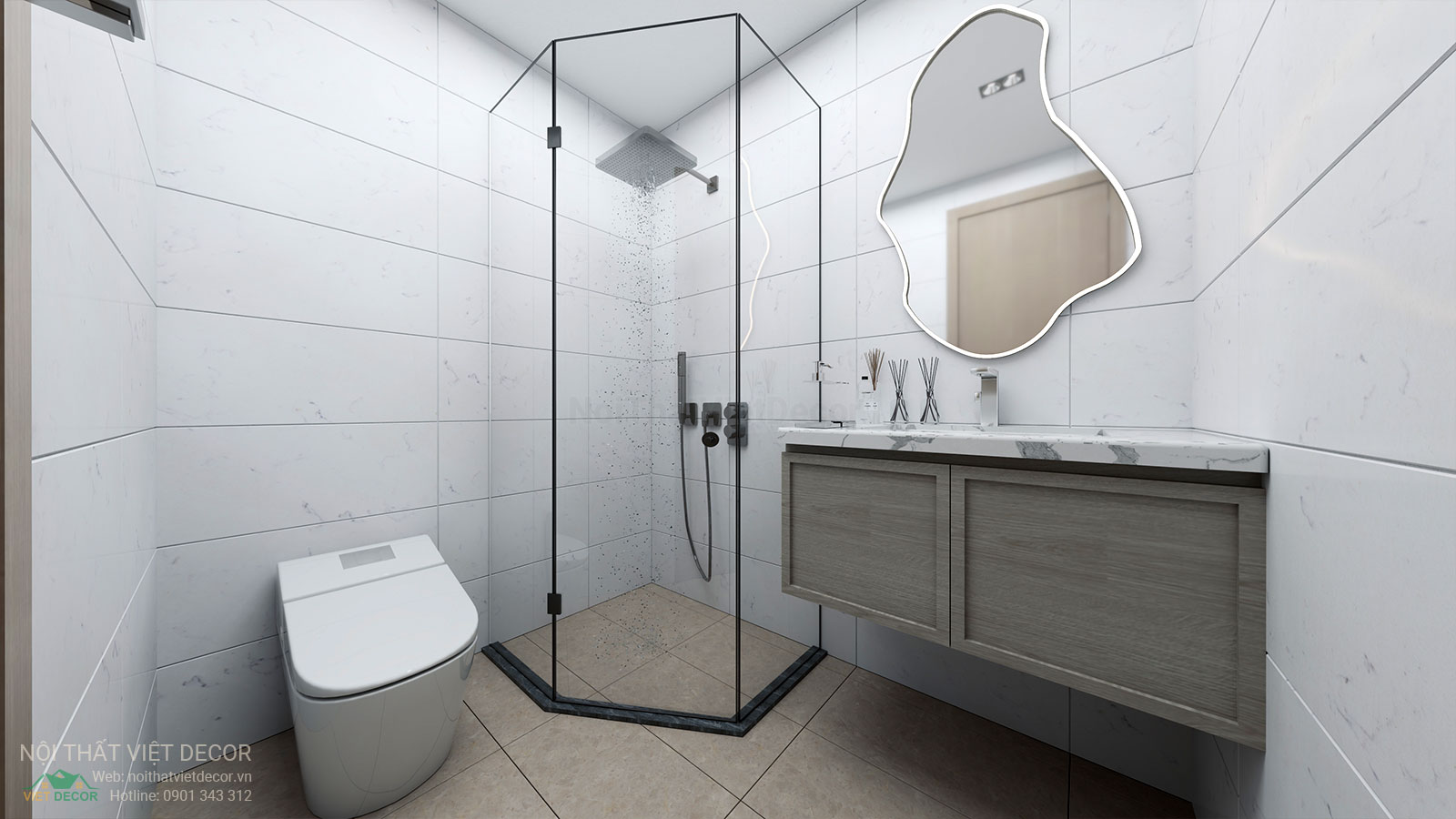 Nội Thất Việt Decor thiết kế nội thất wabi sabi căn hộ 2 phòng ngủ chung cư Lavida Plus quận 7 TP HCM, wc chung