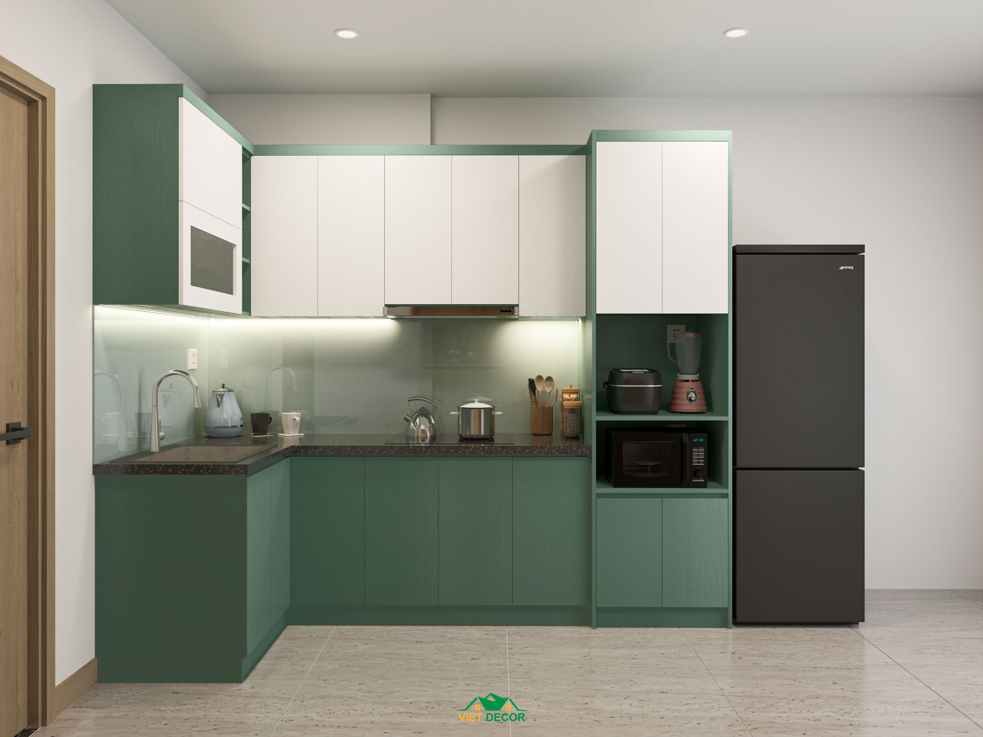 Nội Thất Việt Decor thiết kế, thi công nội thất căn hộ 2 phòng ngủ Bcons Green Topaz TP HCM, tủ bếp