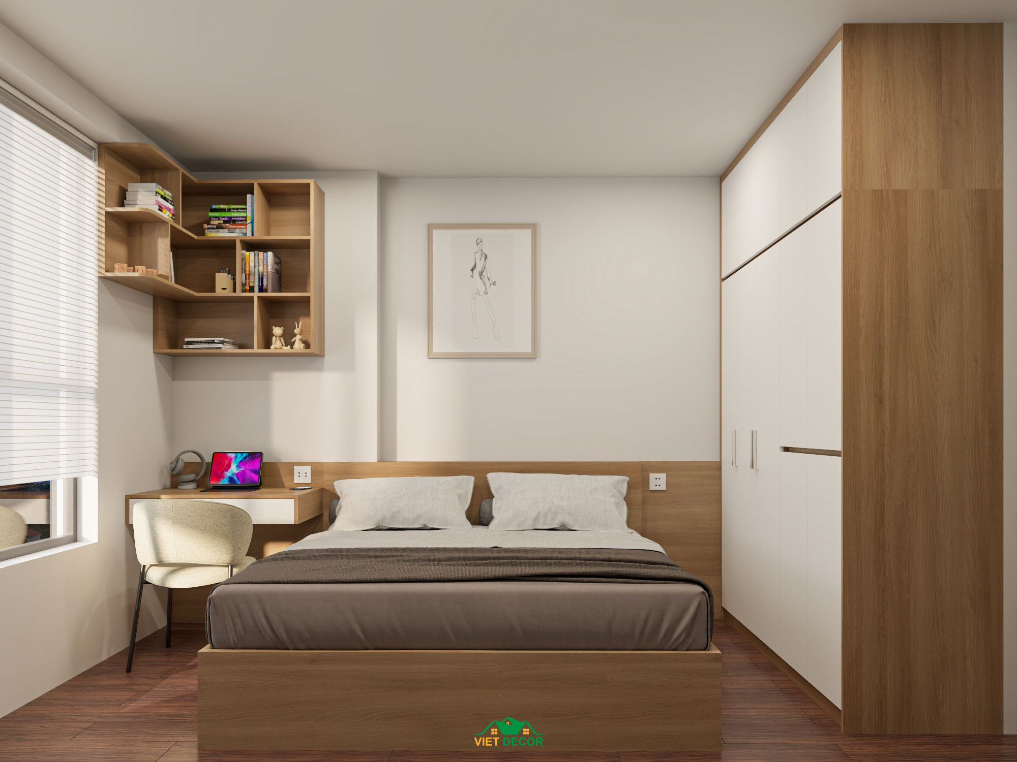 Nội Thất Việt Decor thiết kế, thi công nội thất căn hộ 2 phòng ngủ Bcons Green Topaz TP HCM, phòng ngủ lớn