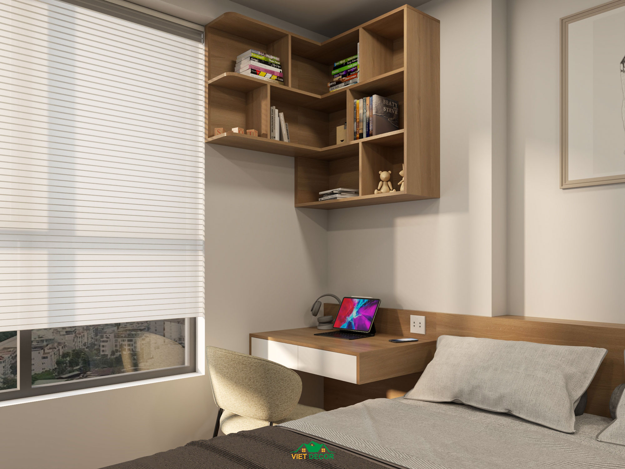 Nội Thất Việt Decor thiết kế, thi công nội thất căn hộ 2 phòng ngủ Bcons Green Topaz TP HCM, bàn học tủ sách phòng ngủ lớn