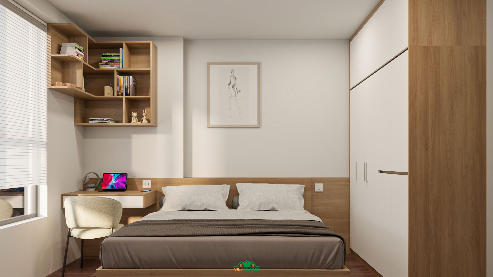 Nội Thất Việt Decor thiết kế, thi công nội thất căn hộ 2 phòng ngủ Bcons Green Topaz TP HCM, phòng ngủ lớn