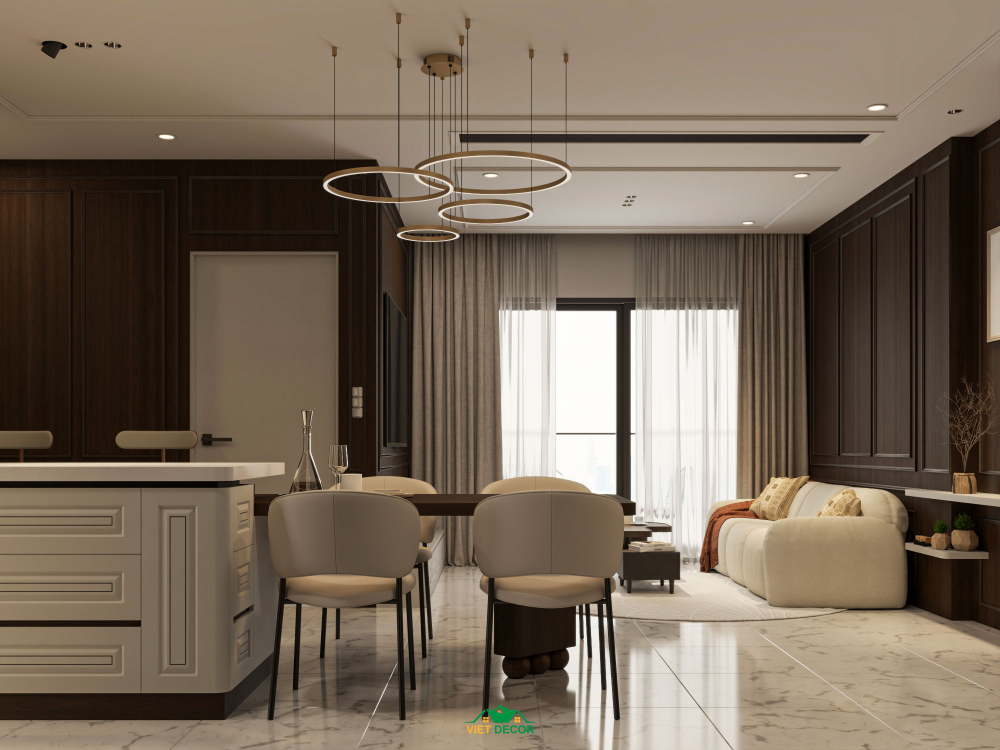 Nội Thất Việt Decor thiết kế thi công nội thất căn hộ 2 phòng ngủ dự án Essensia Sky TP HCM, phòng khách bếp