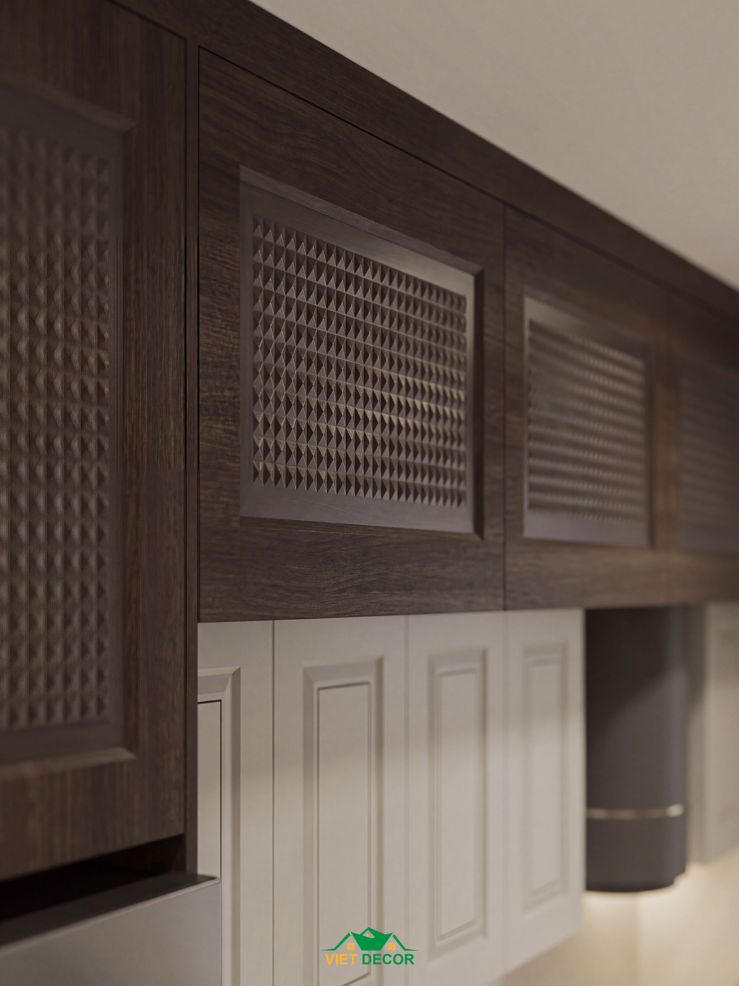 Nội Thất Việt Decor thiết kế thi công nội thất căn hộ 2 phòng ngủ dự án Essensia Sky TP HCM, cánh huỳnh tủ bếp