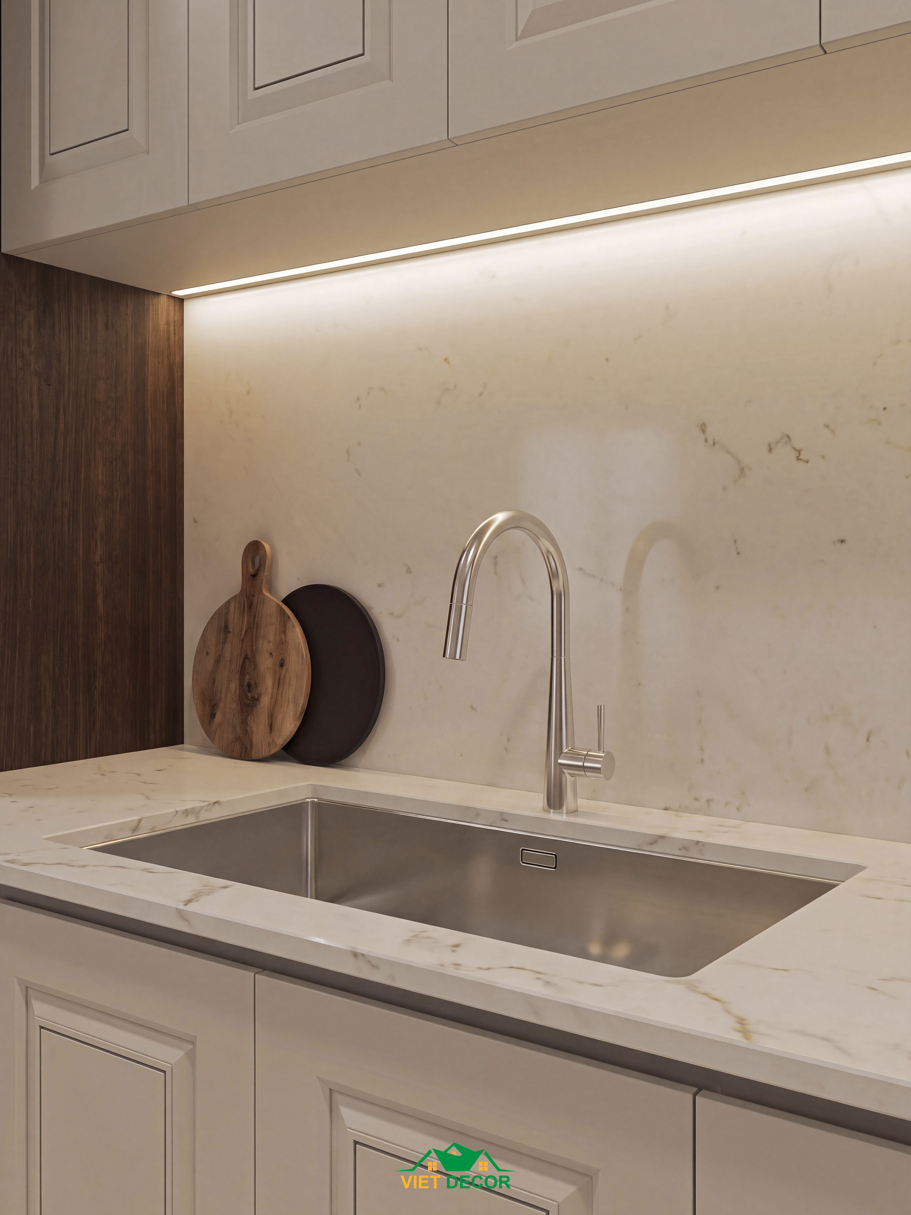 Nội Thất Việt Decor thiết kế thi công nội thất căn hộ 2 phòng ngủ dự án Essensia Sky TP HCM, chậu vòi tủ bếp