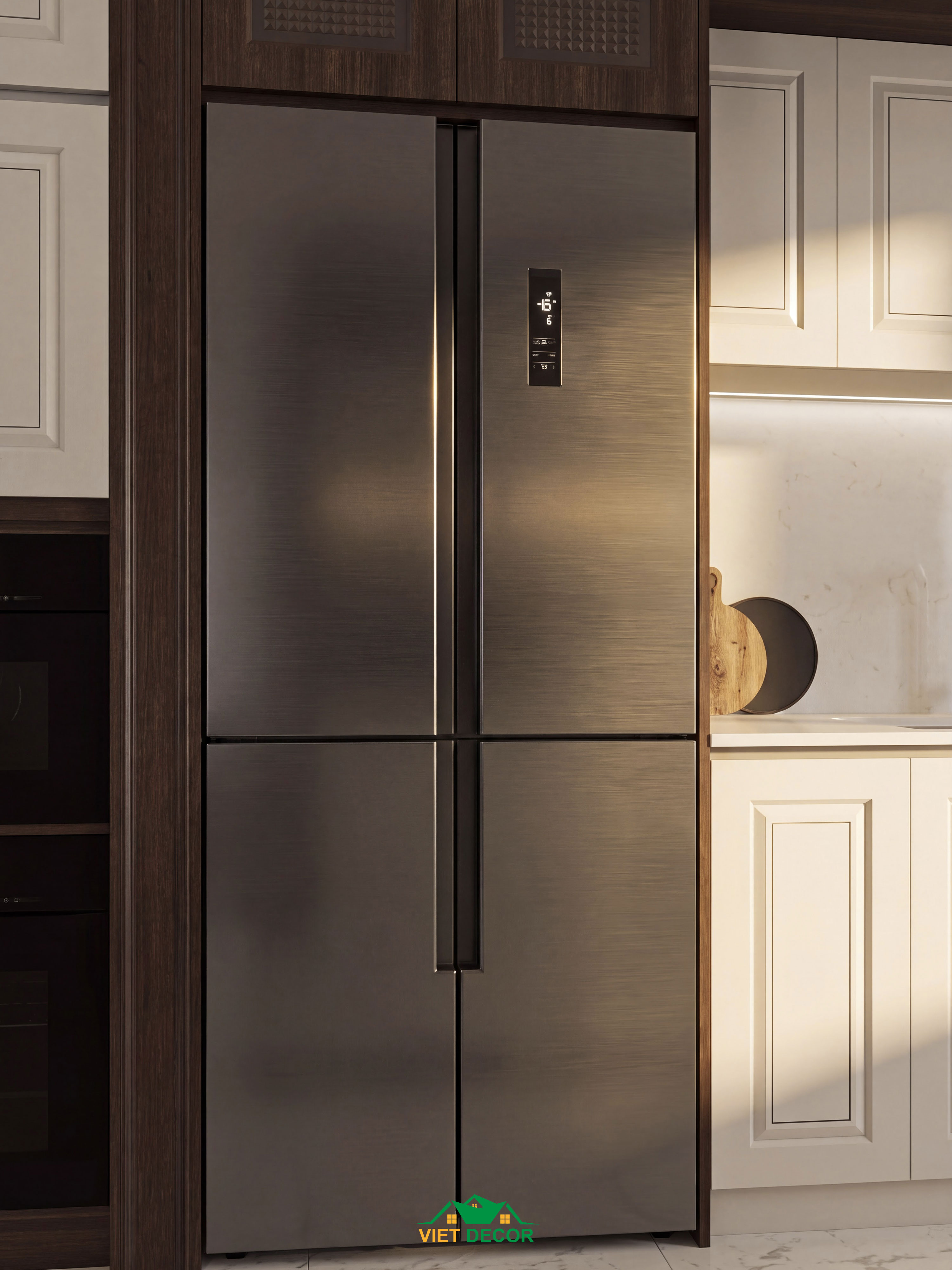 Nội Thất Việt Decor thiết kế thi công nội thất căn hộ 2 phòng ngủ dự án Essensia Sky TP HCM, khung bao tủ lạnh