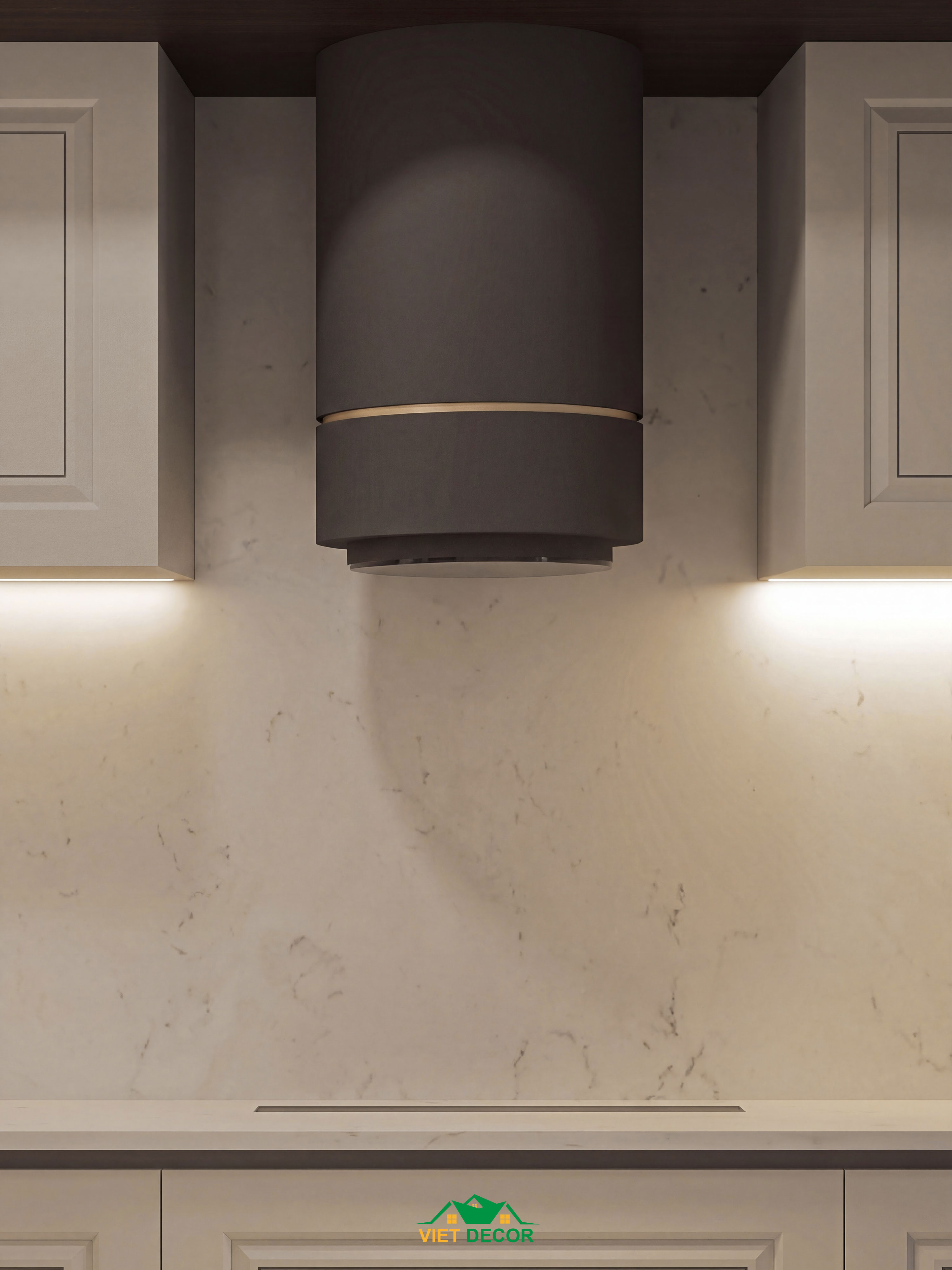 Nội Thất Việt Decor thiết kế thi công nội thất căn hộ 2 phòng ngủ dự án Essensia Sky TP HCM, hút mùi hình trụ tủ bếp