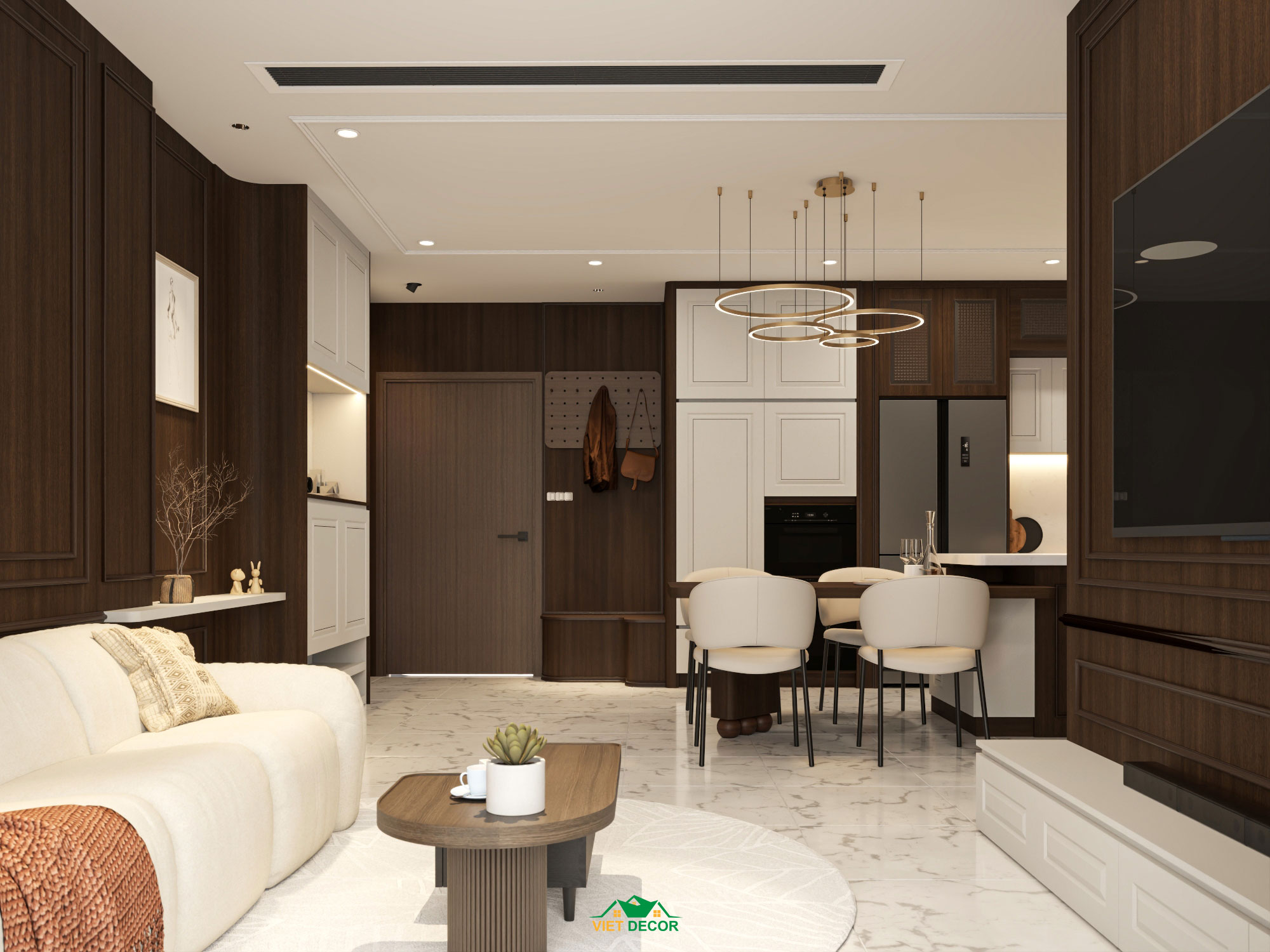 Nội Thất Việt Decor thiết kế thi công nội thất căn hộ 2 phòng ngủ dự án Essensia Sky TP HCM, phòng khách bếp