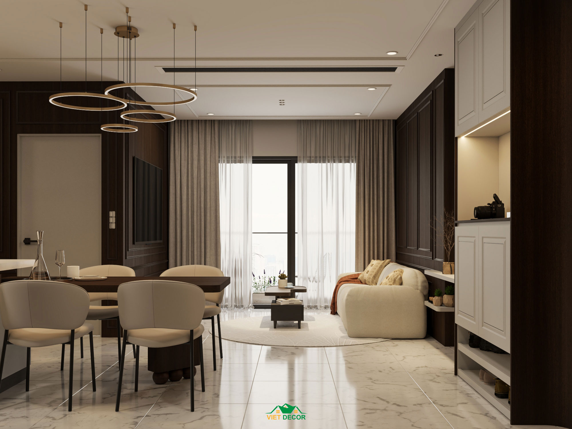 Nội Thất Việt Decor thiết kế thi công nội thất căn hộ 2 phòng ngủ dự án Essensia Sky TP HCM, phòng khách bếp