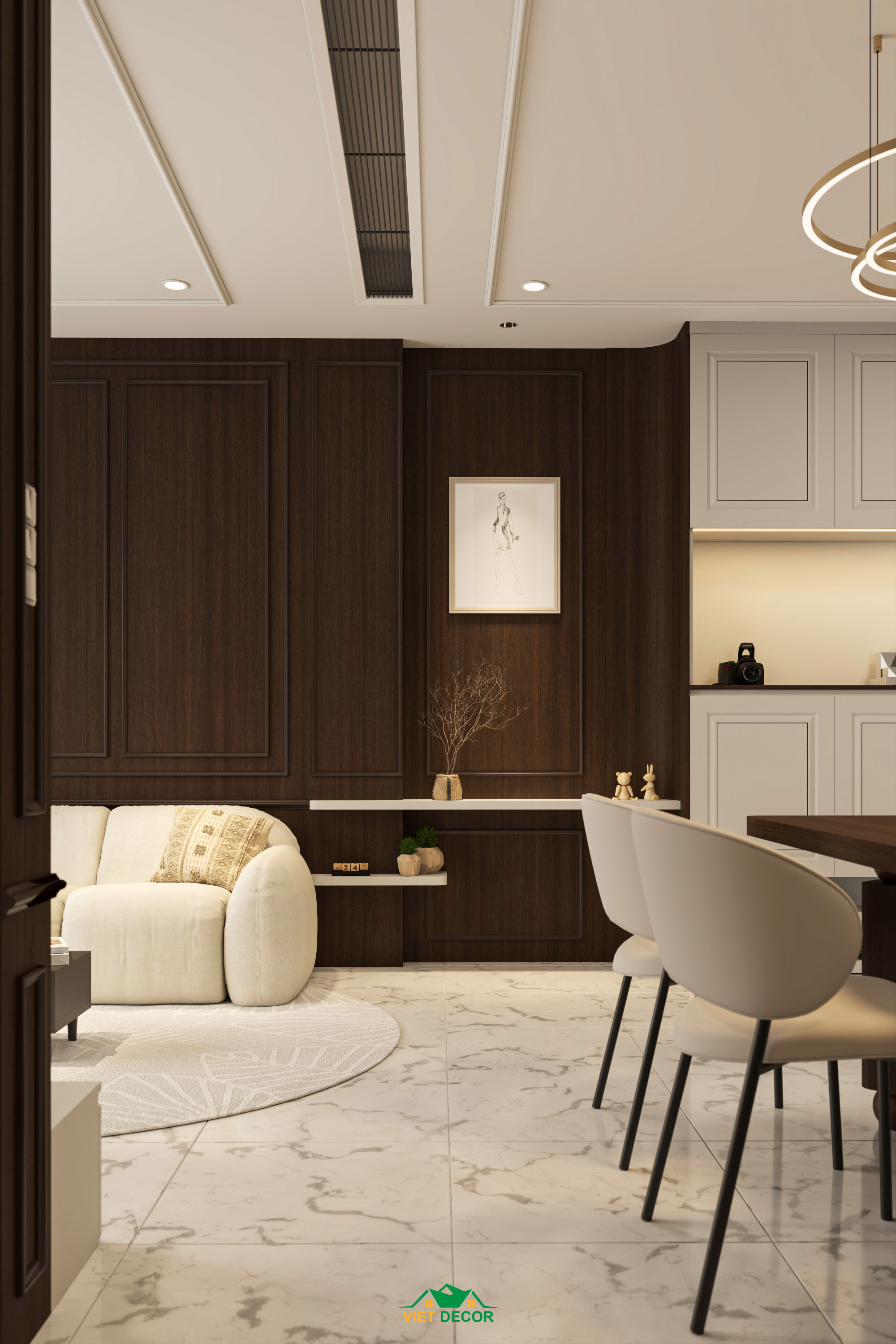 Nội Thất Việt Decor thiết kế thi công nội thất căn hộ 2 phòng ngủ dự án Essensia Sky TP HCM, phòng khách bếp