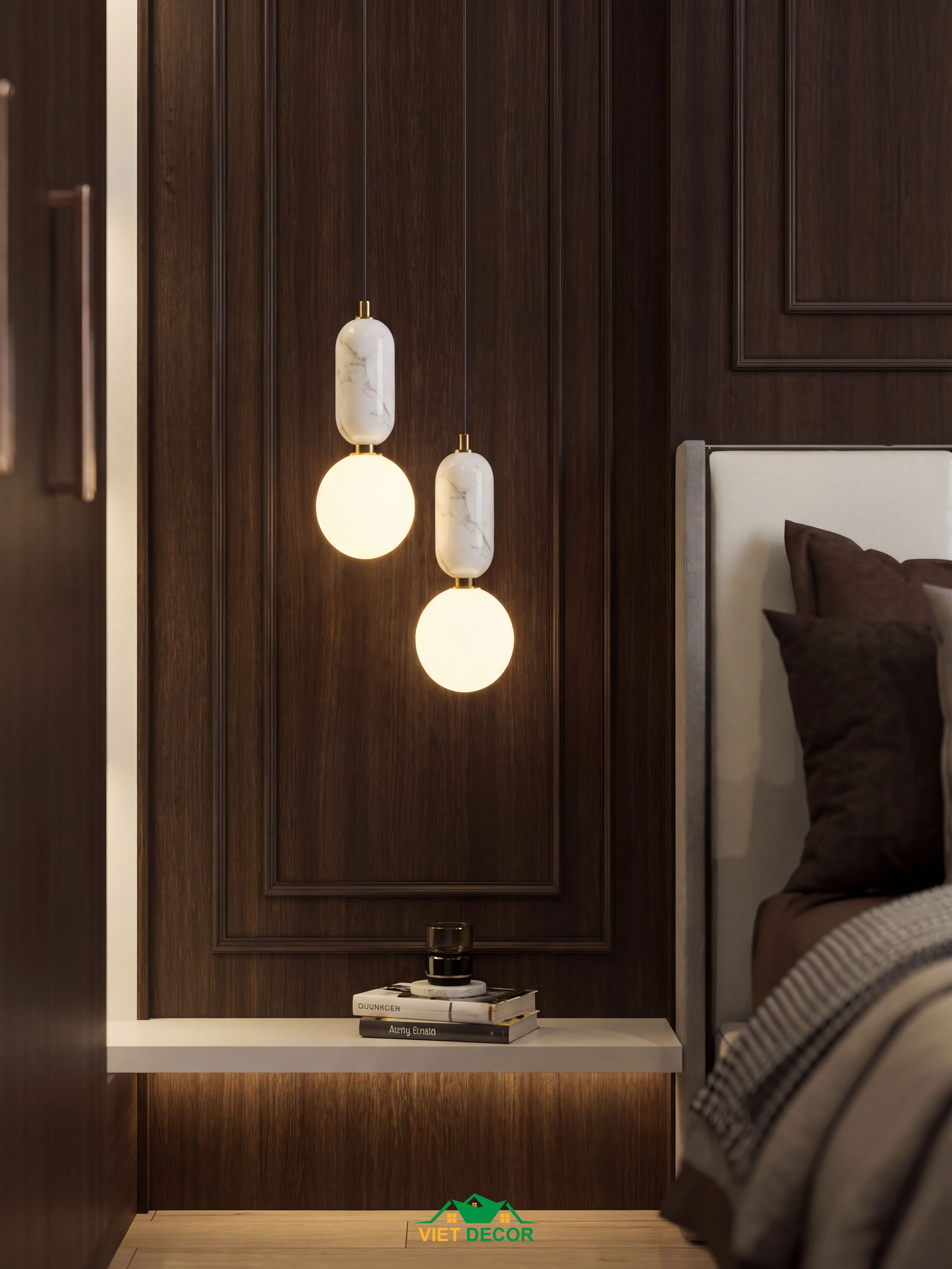 Nội Thất Việt Decor thiết kế thi công nội thất căn hộ 2 phòng ngủ dự án Essensia Sky TP HCM, đèn ngủ phòng ngủ