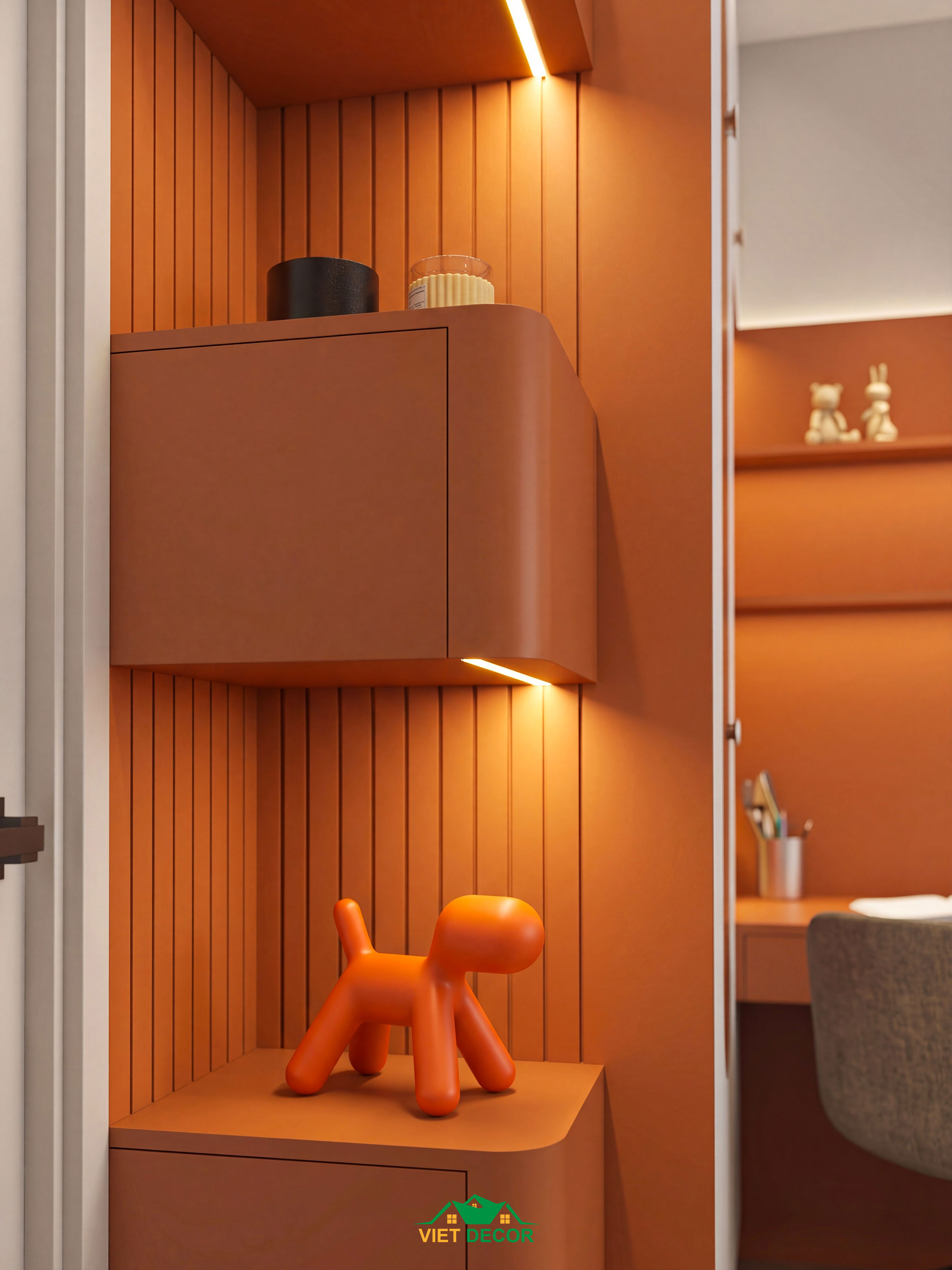 Nội Thất Việt Decor thiết kế thi công nội thất căn hộ 2 phòng ngủ dự án Essensia Sky TP HCM, kệ trang trí phòng ngủ bé