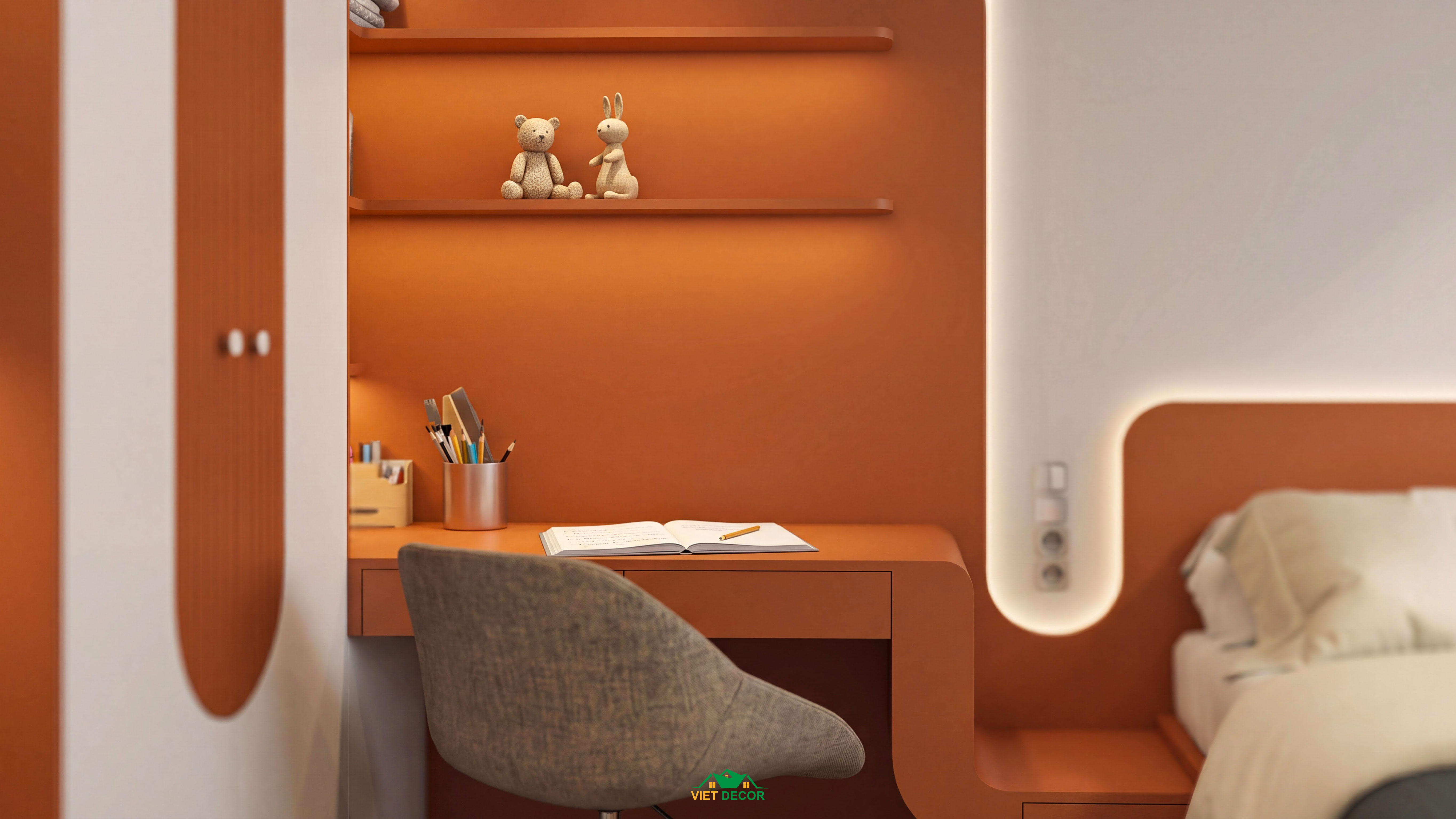 Nội Thất Việt Decor thiết kế thi công nội thất căn hộ 2 phòng ngủ dự án Essensia Sky TP HCM, bàn học phòng ngủ bé