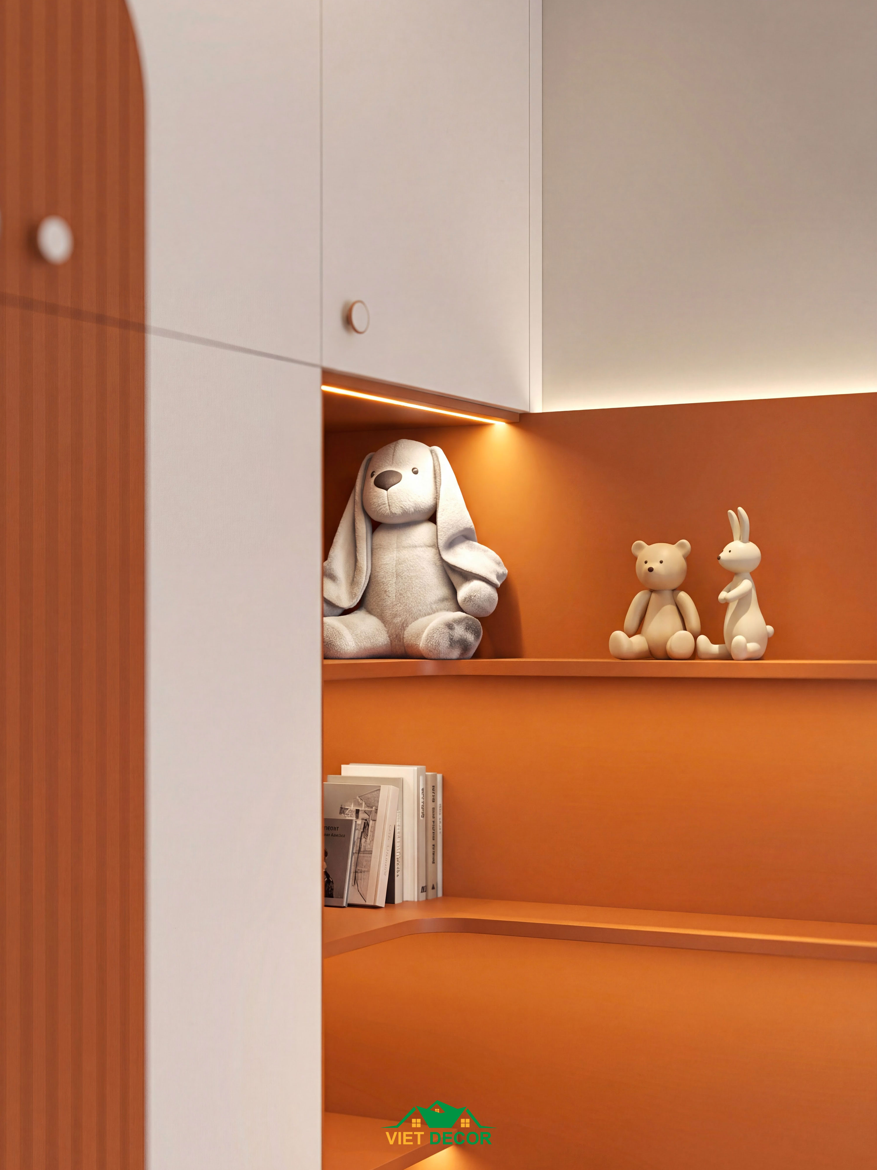 Nội Thất Việt Decor thiết kế thi công nội thất căn hộ 2 phòng ngủ dự án Essensia Sky TP HCM, kệ trang trí phòng ngủ bé