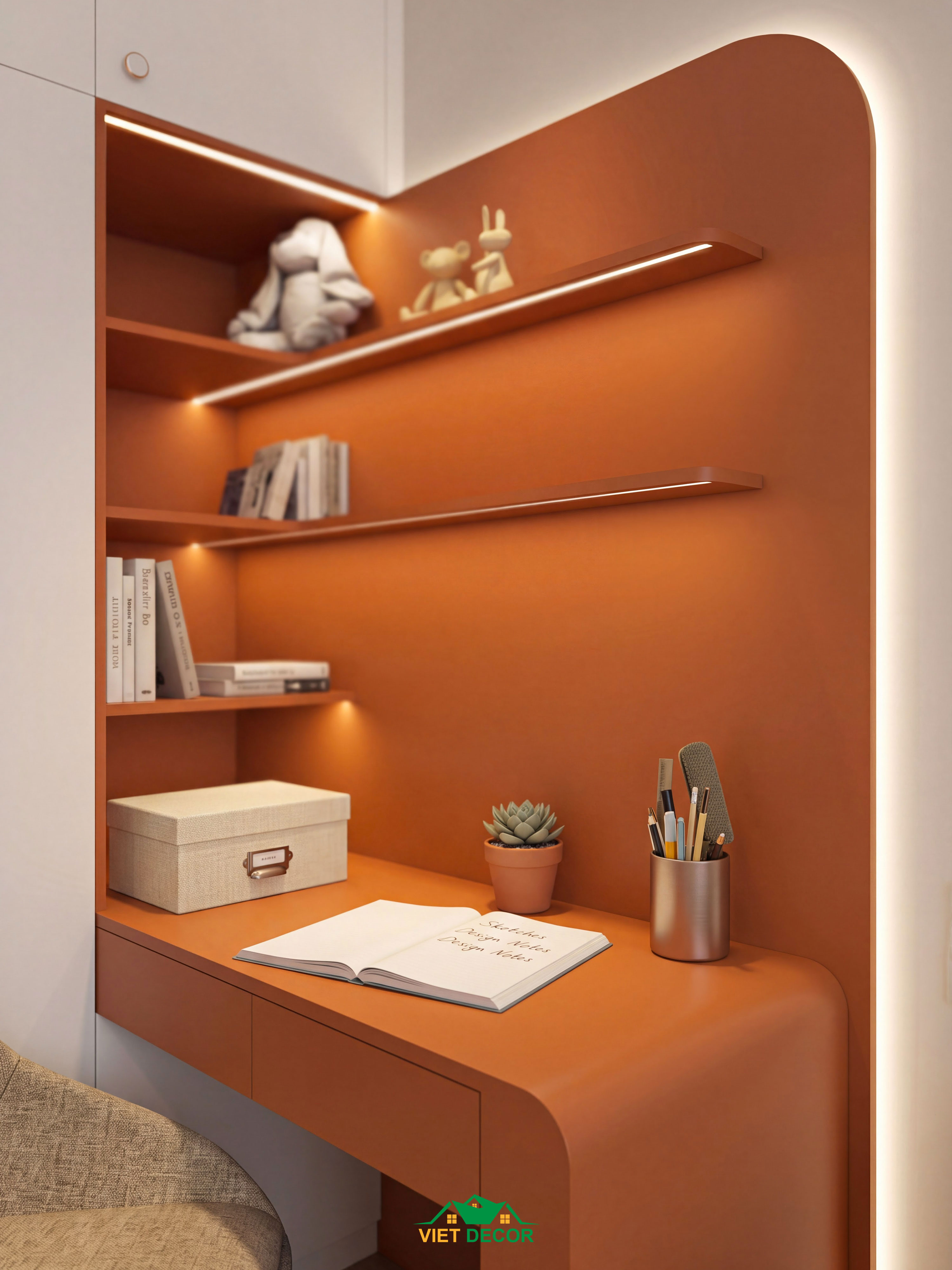 Nội Thất Việt Decor thiết kế thi công nội thất căn hộ 2 phòng ngủ dự án Essensia Sky TP HCM, kệ treo tường bàn học phòng ngủ bé