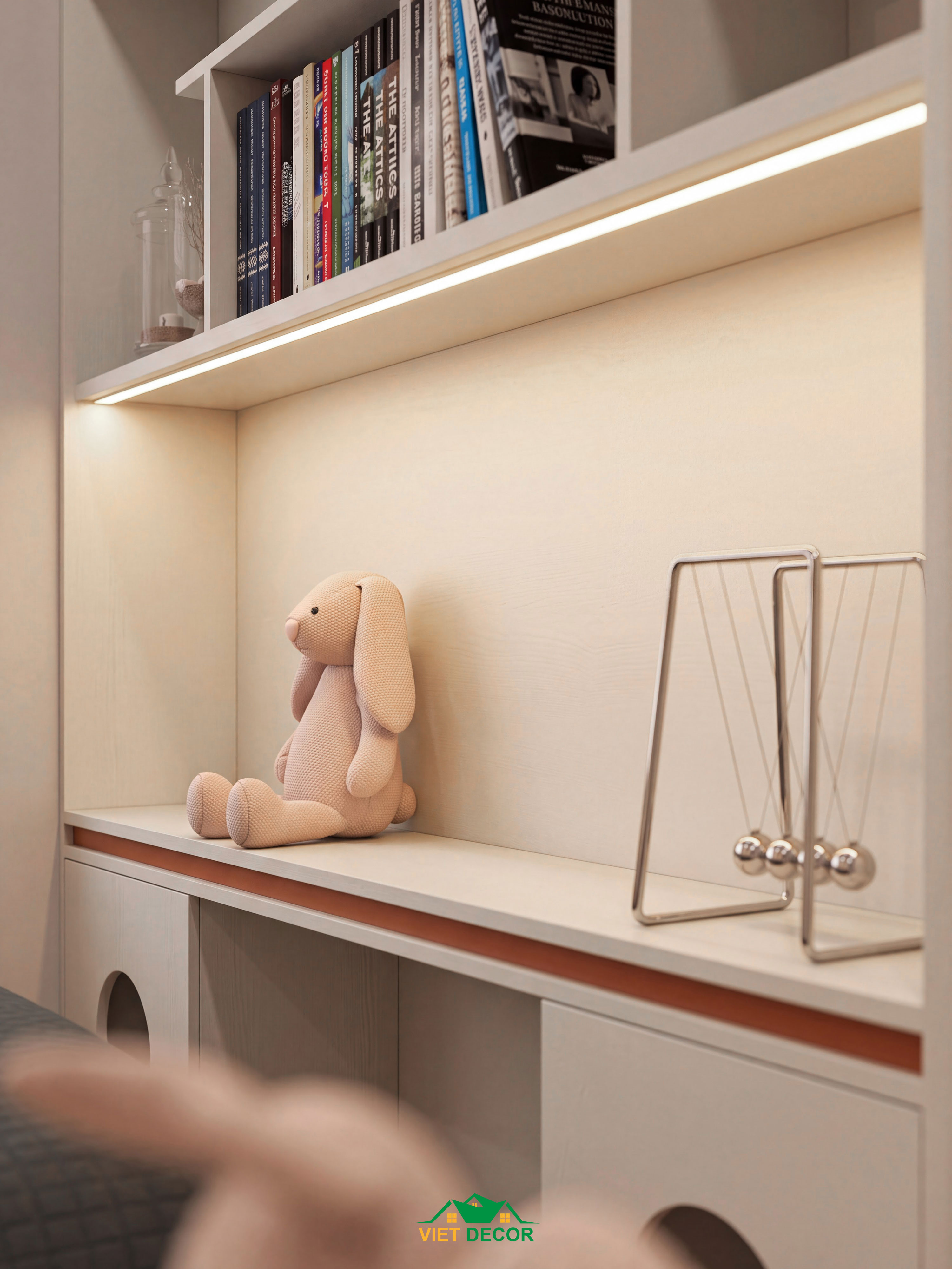 Nội Thất Việt Decor thiết kế thi công nội thất căn hộ 2 phòng ngủ dự án Essensia Sky TP HCM, kệ sách phòng ngủ bé