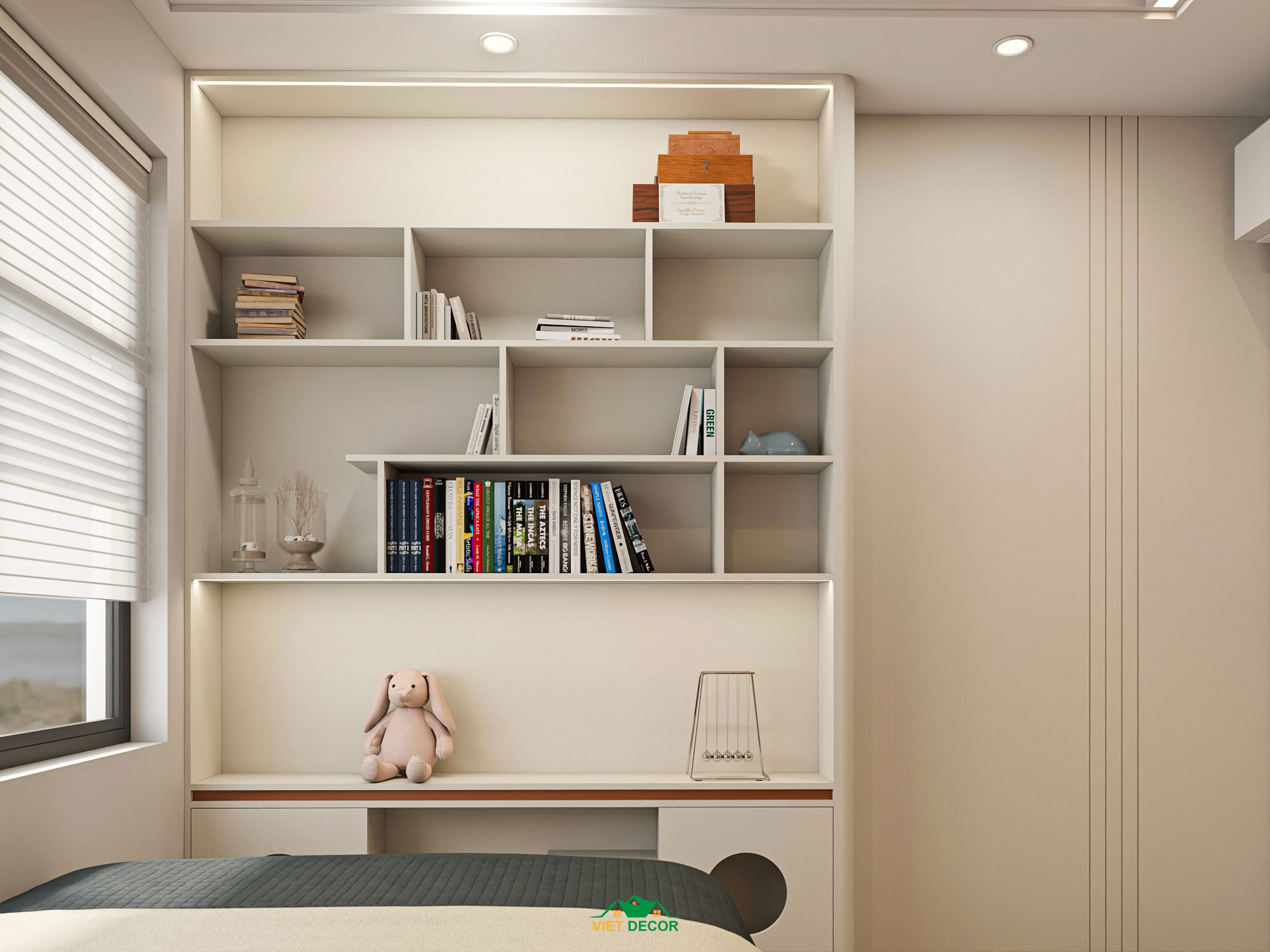 Nội Thất Việt Decor thiết kế thi công nội thất căn hộ 2 phòng ngủ dự án Essensia Sky TP HCM, kệ sách phòng ngủ bé