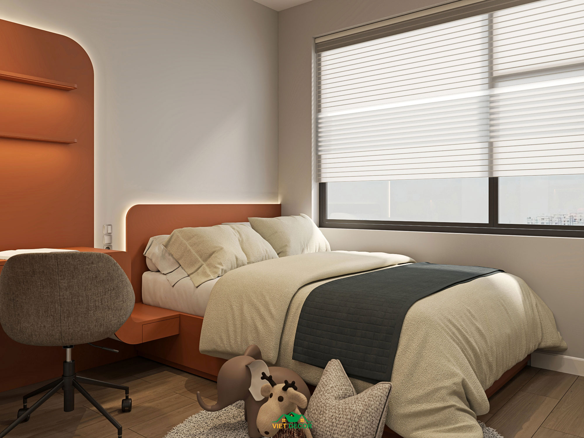 Nội Thất Việt Decor thiết kế thi công nội thất căn hộ 2 phòng ngủ dự án Essensia Sky TP HCM, giường ngủ phòng ngủ bé