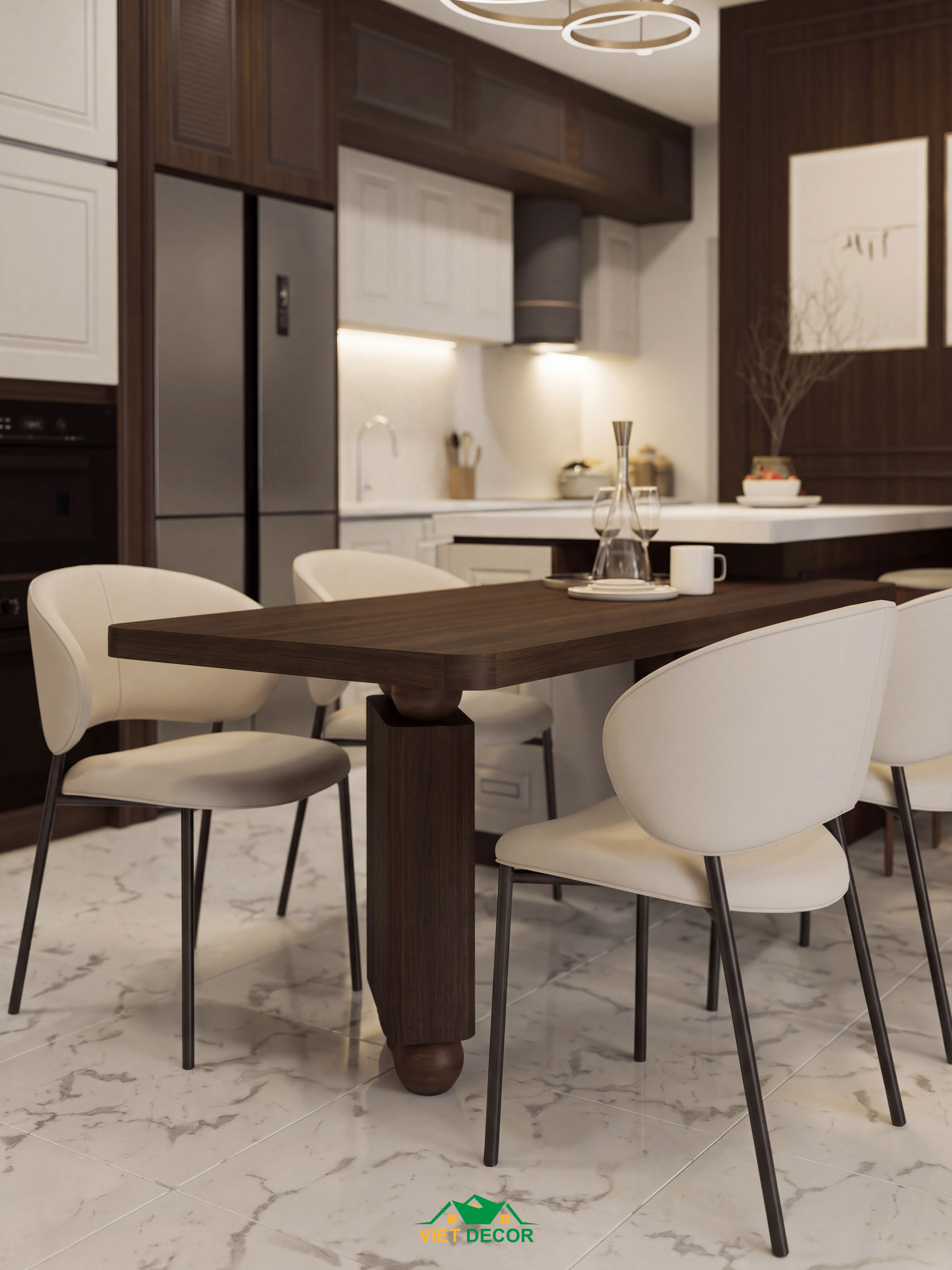 Nội Thất Việt Decor thiết kế thi công nội thất căn hộ 2 phòng ngủ dự án Essensia Sky TP HCM, đảo bếp kết hợp bàn ăn