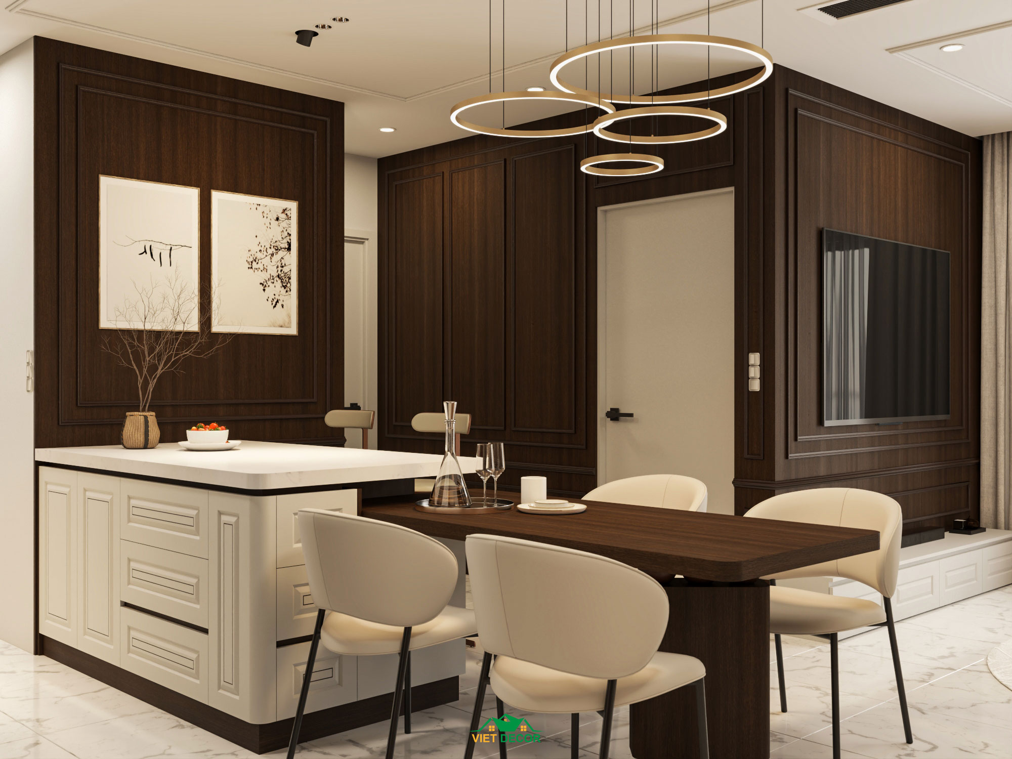 Nội Thất Việt Decor thiết kế thi công nội thất căn hộ 2 phòng ngủ dự án Essensia Sky TP HCM, đảo bếp kết hợp bàn ăn