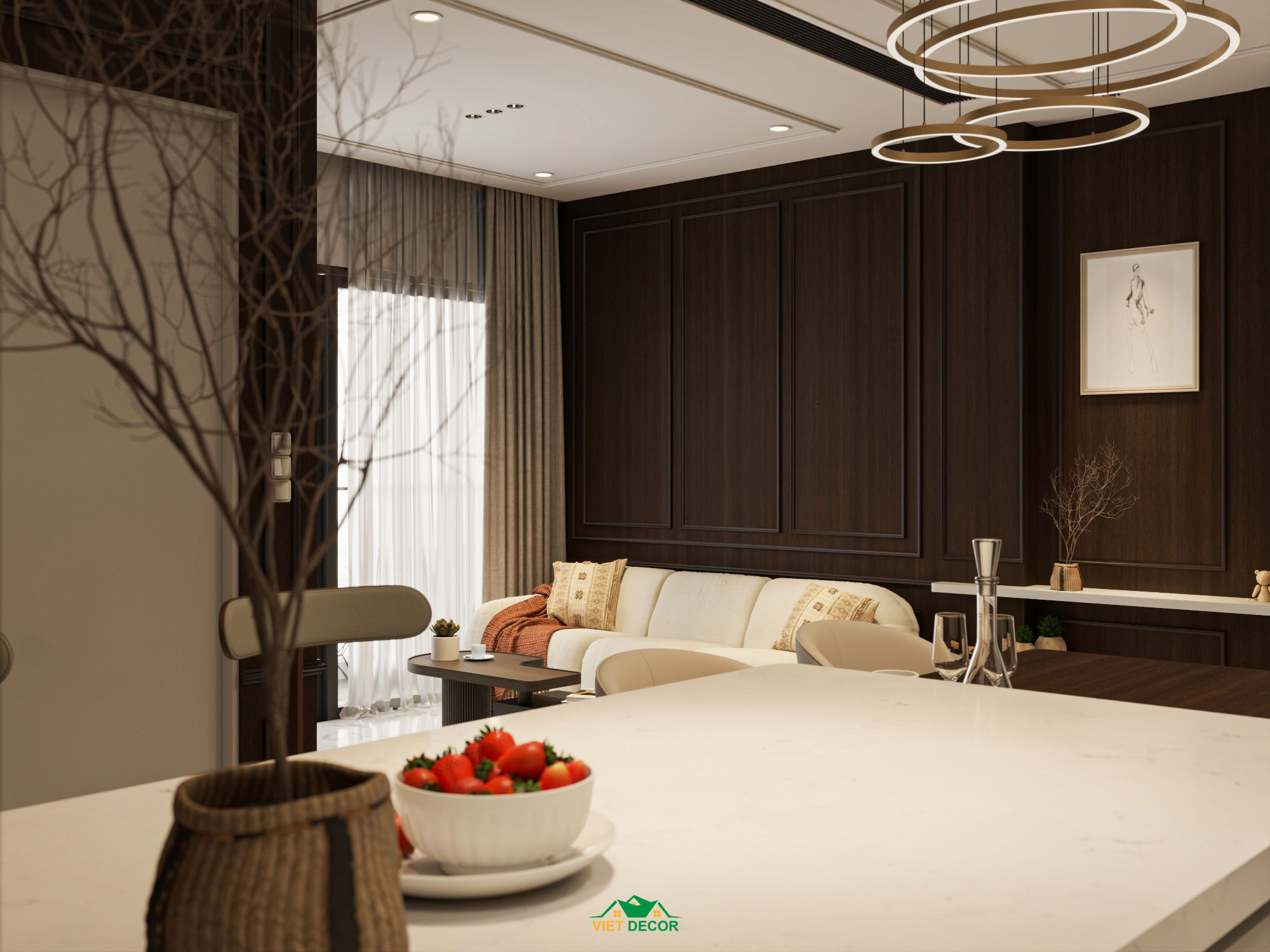 Nội Thất Việt Decor thiết kế thi công nội thất căn hộ 2 phòng ngủ dự án Essensia Sky TP HCM, phòng khách bếp