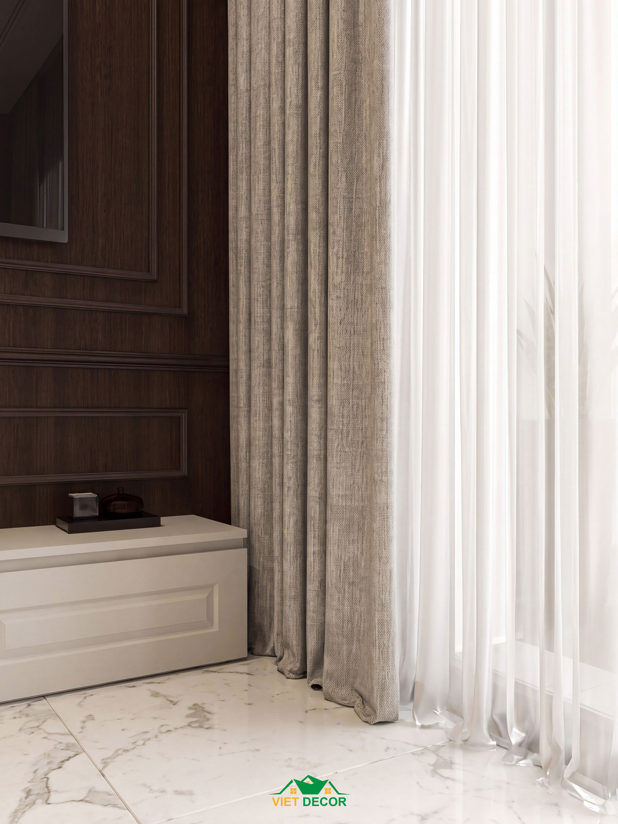 Nội Thất Việt Decor thiết kế thi công nội thất căn hộ 2 phòng ngủ dự án Essensia Sky TP HCM, rèm phòng khách