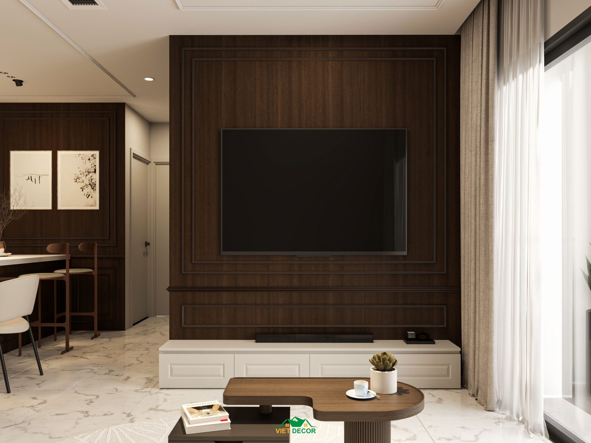 Nội Thất Việt Decor thiết kế thi công nội thất căn hộ 2 phòng ngủ dự án Essensia Sky TP HCM, kệ vách ti vi phòng khách